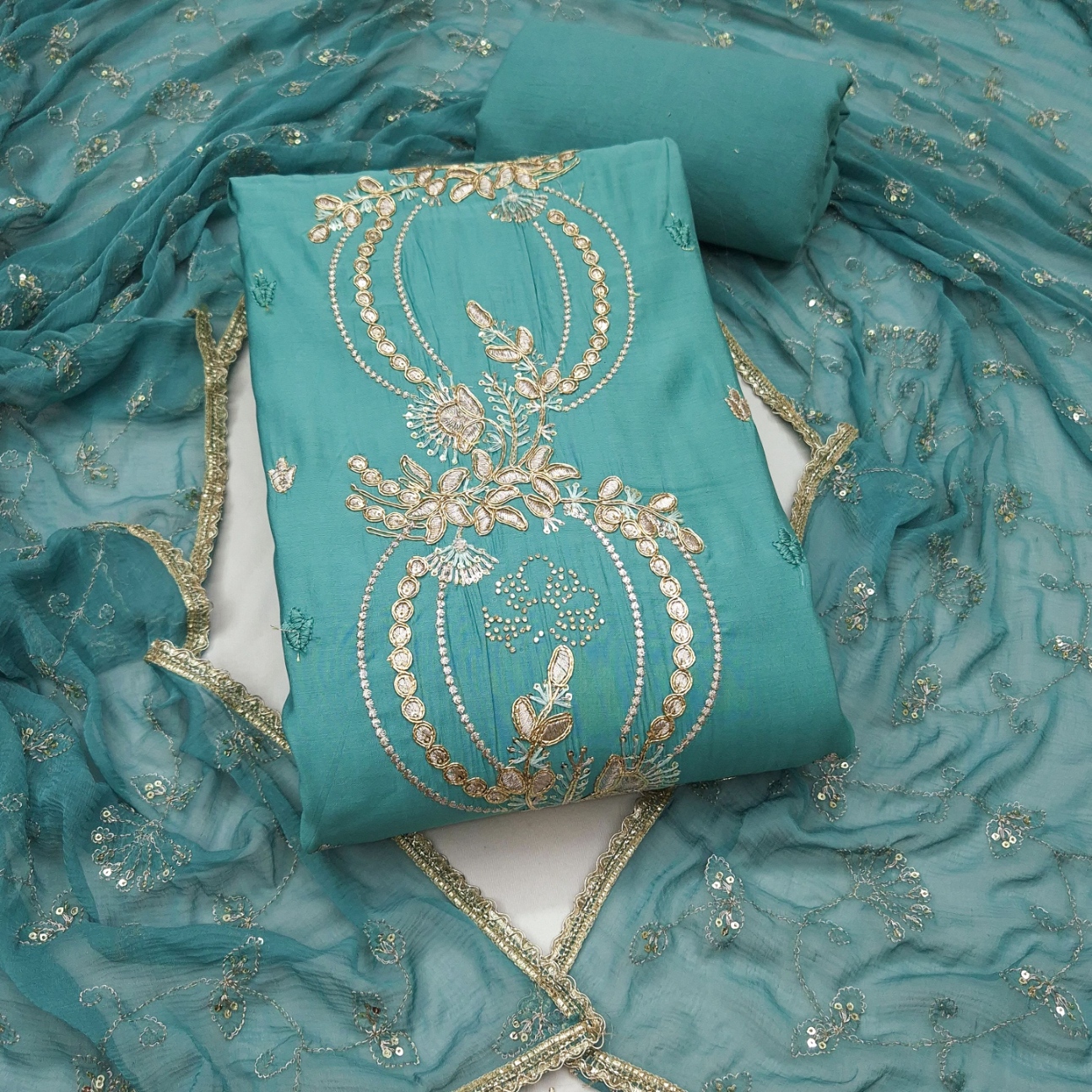 Sky Blue Embroidered Chanderi Straight Suit