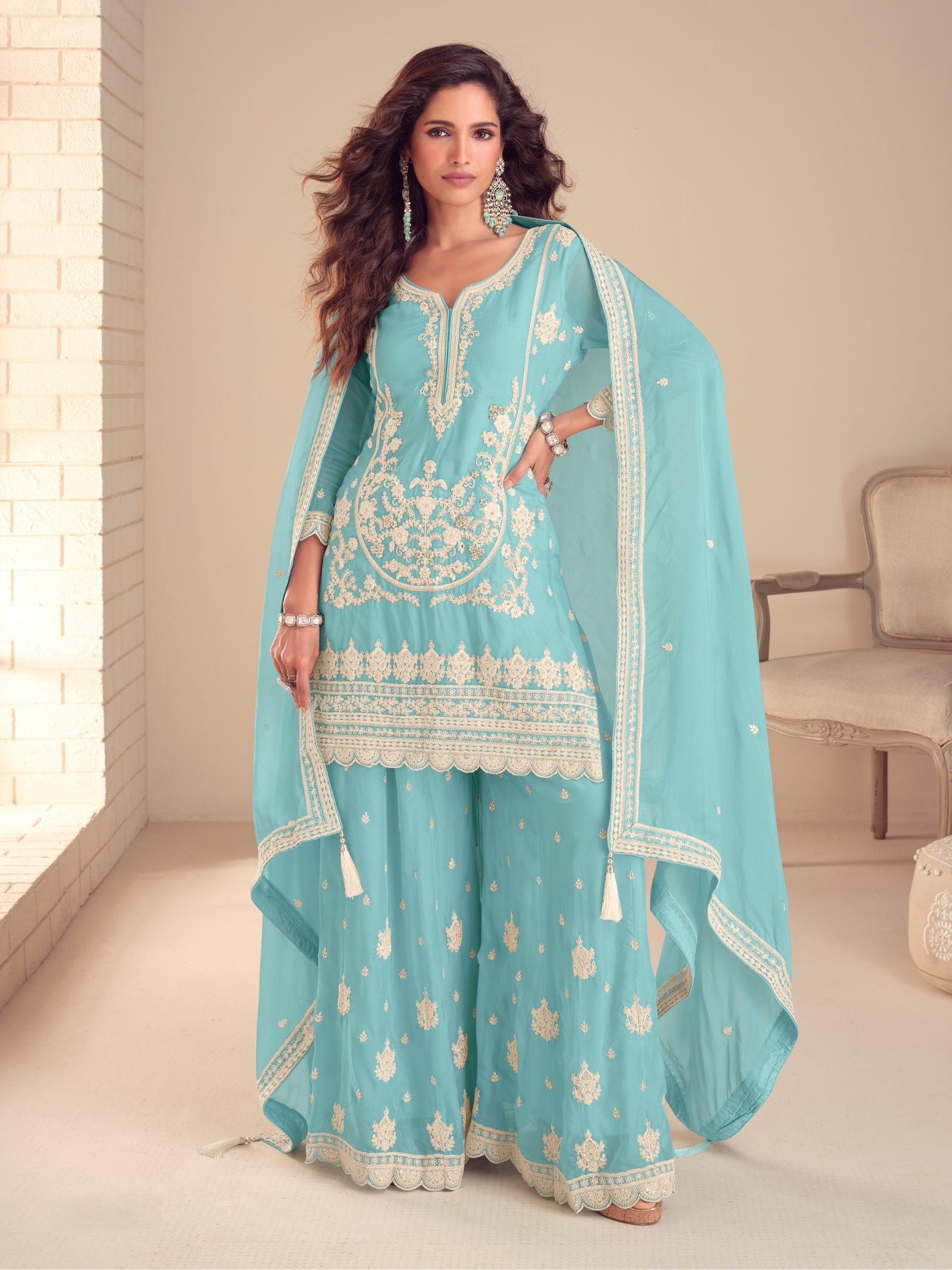Sky Blue Embroidered Chinon Palazzo Suit