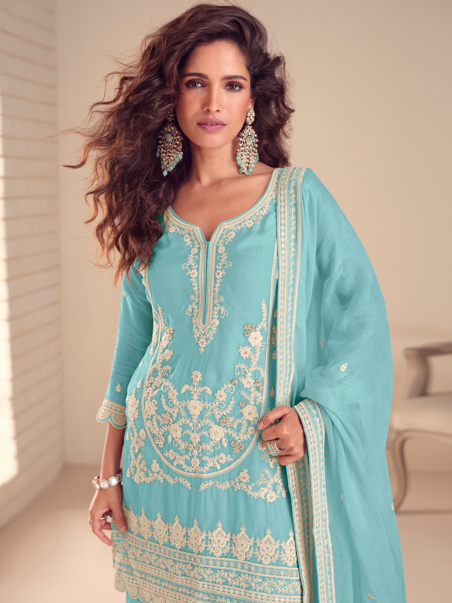 Sky Blue Embroidered Chinon Palazzo Suit — alternate view
