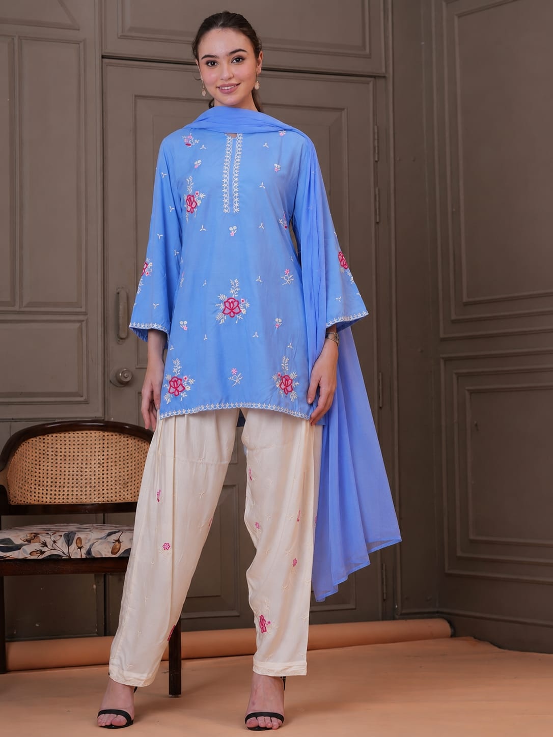 Sky Blue Embroidered Cotton Kurta Set