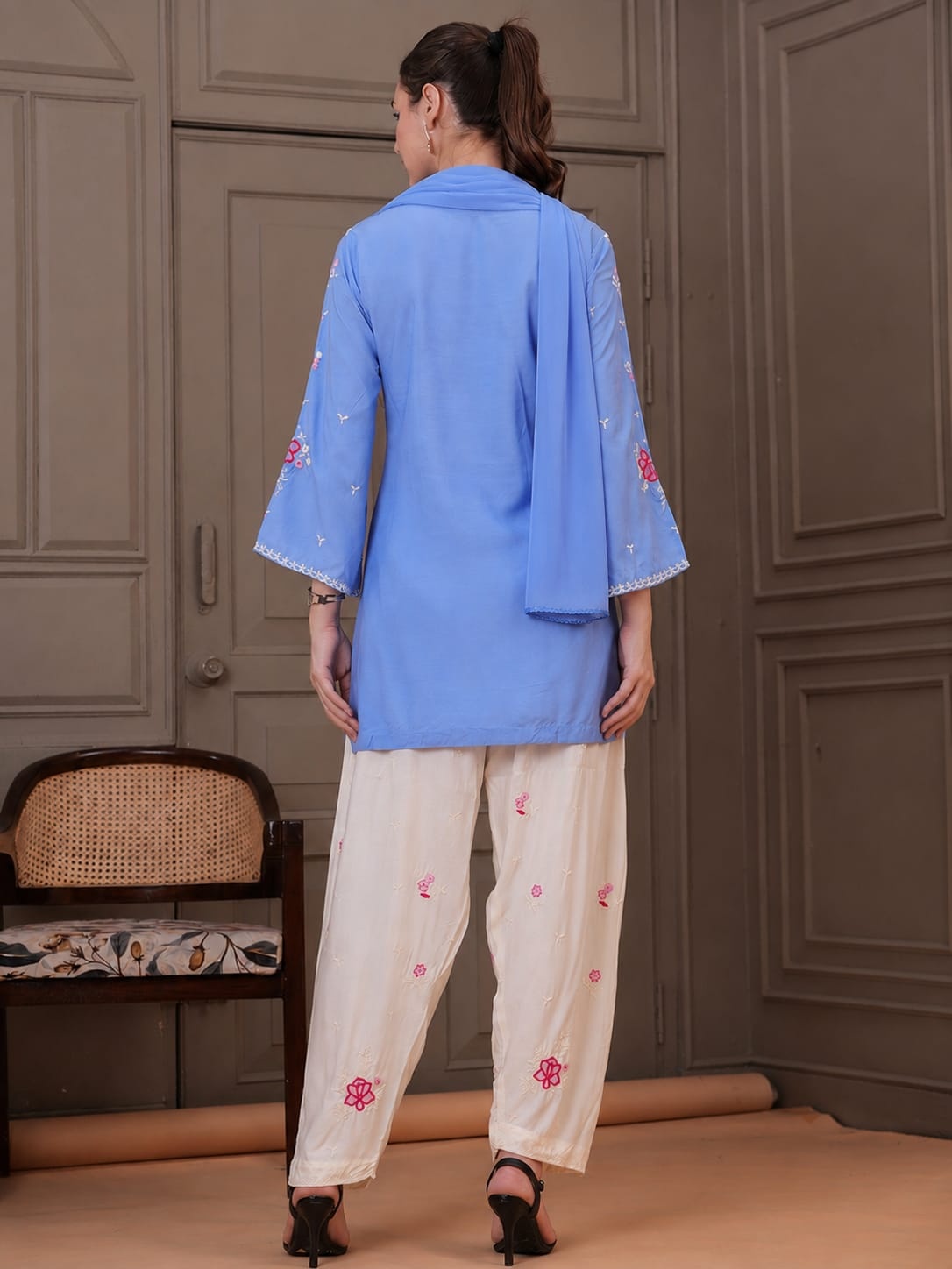 Sky Blue Embroidered Cotton Kurta Set — alternate view