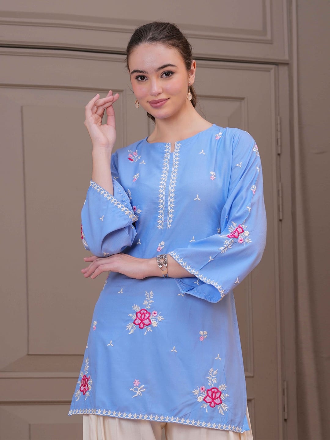 Sky Blue Embroidered Cotton Kurta Set