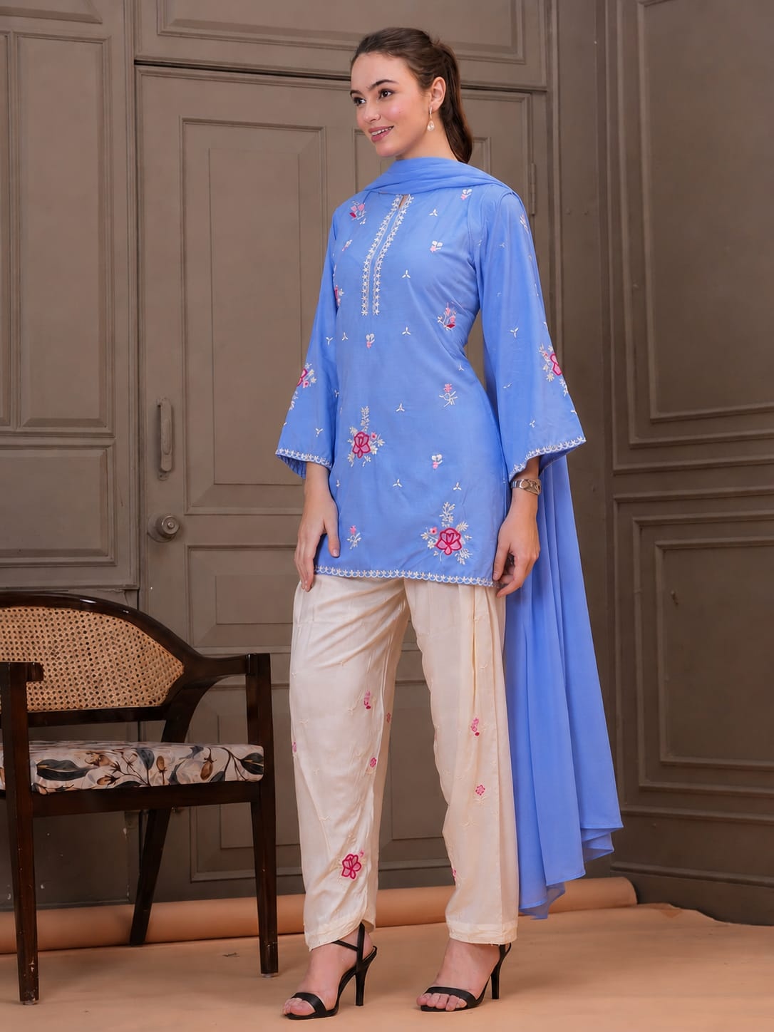 Sky Blue Embroidered Cotton Kurta Set