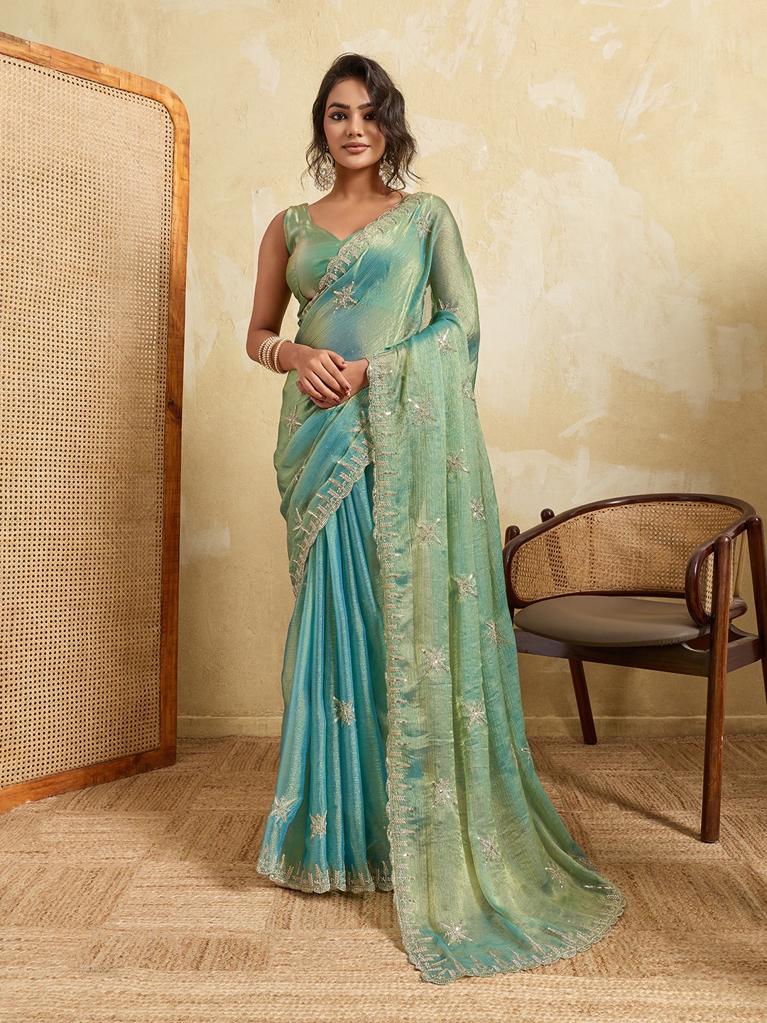 Sky Blue Embroidered Fendy Chiffon Party Saree