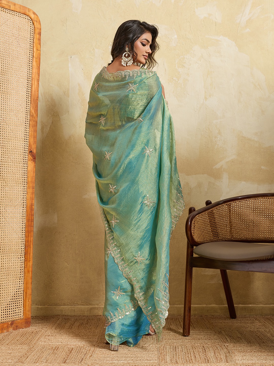 Sky Blue Embroidered Fendy Chiffon Party Saree — alternate view