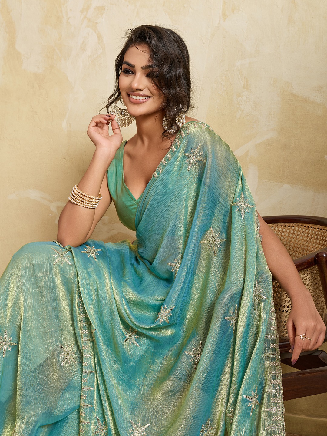 Sky Blue Embroidered Fendy Chiffon Party Saree