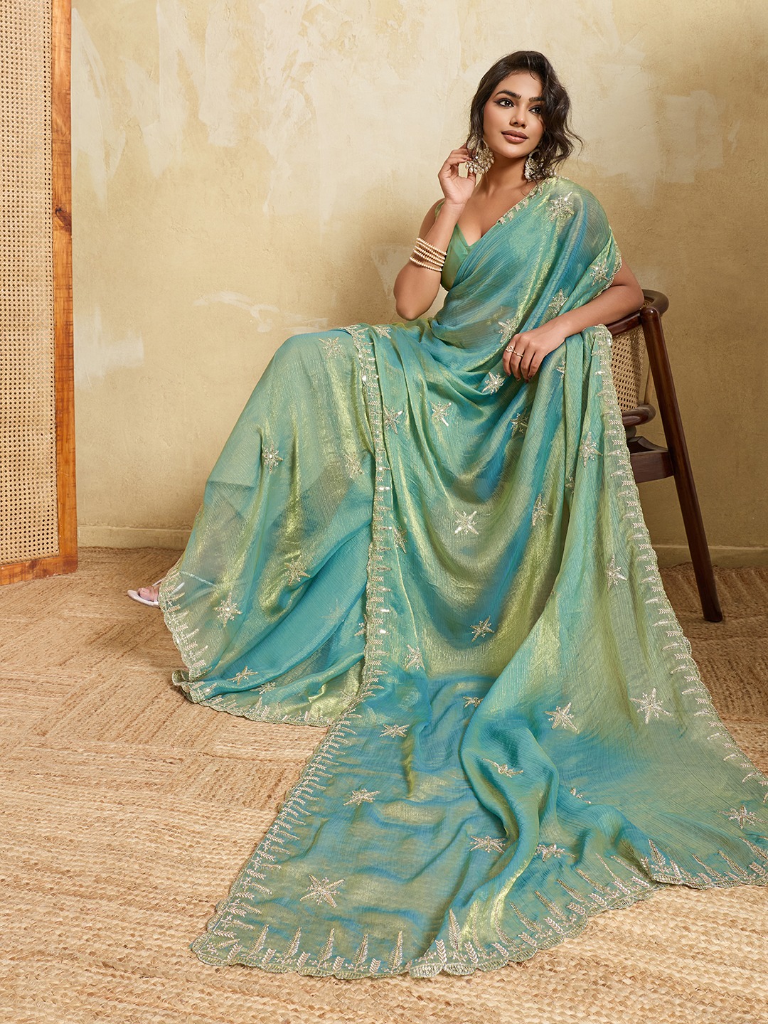 Sky Blue Embroidered Fendy Chiffon Party Saree