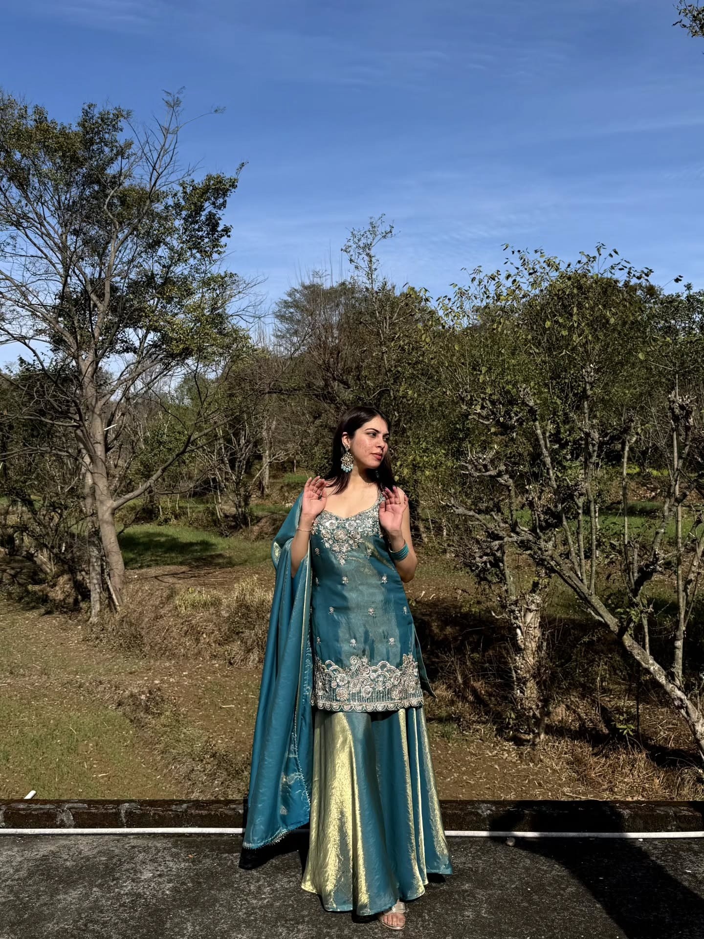 Sky Blue Embroidered Fendy Satin Palazzo Suit