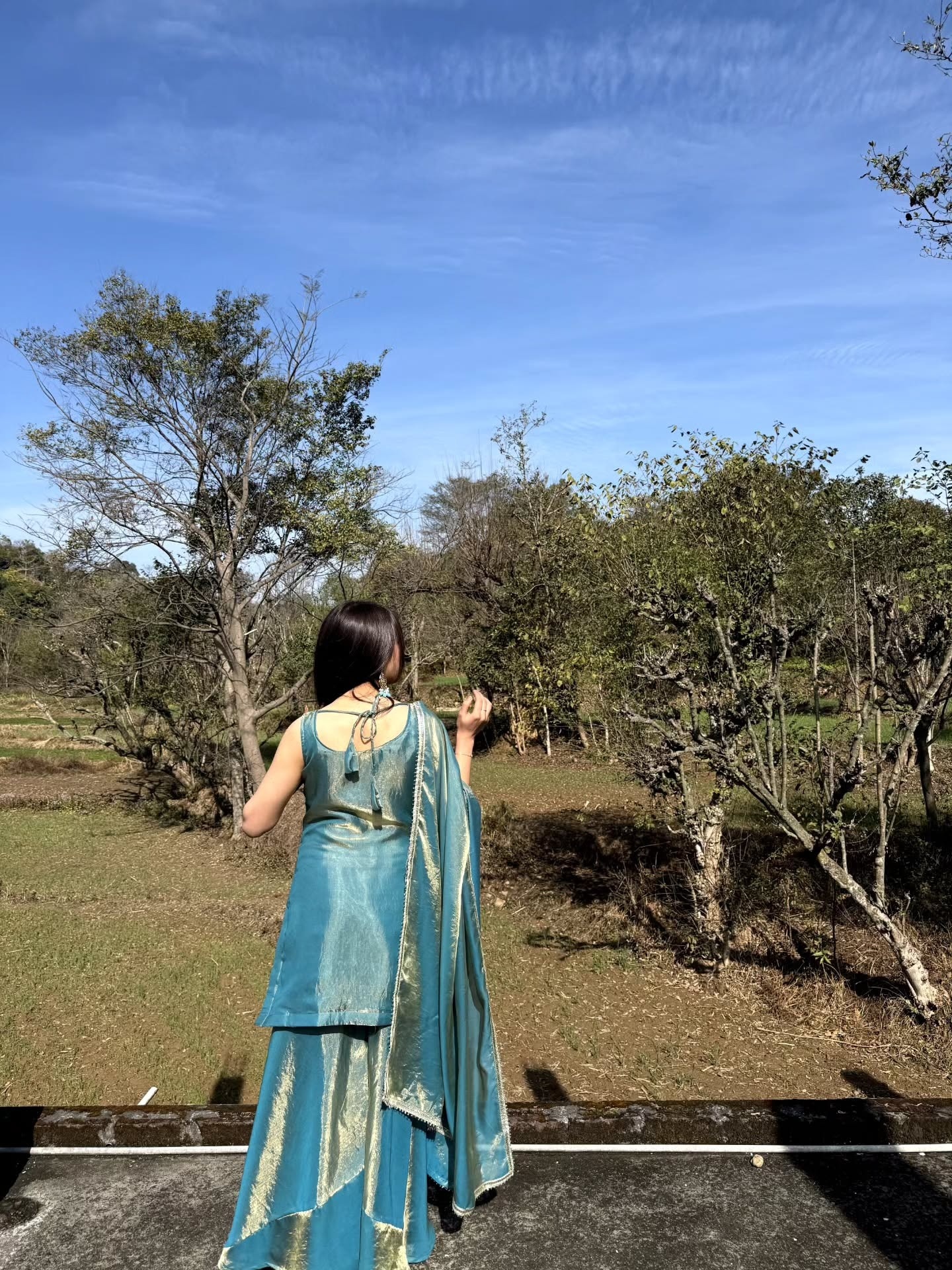 Sky Blue Embroidered Fendy Satin Palazzo Suit — alternate view