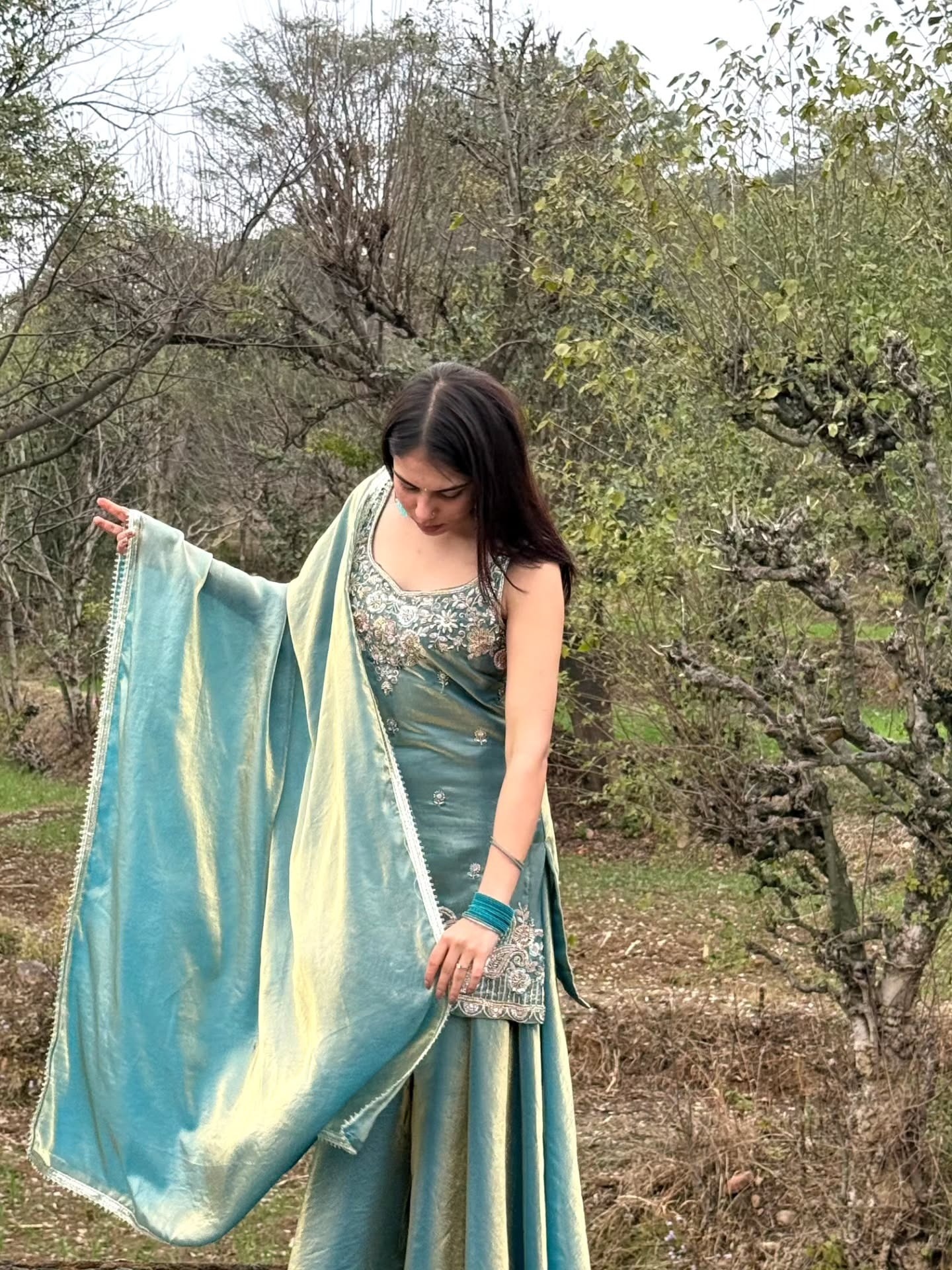 Sky Blue Embroidered Fendy Satin Palazzo Suit