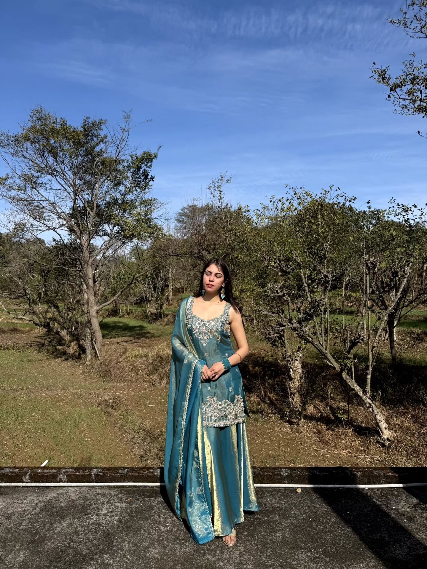 Sky Blue Embroidered Fendy Satin Palazzo Suit