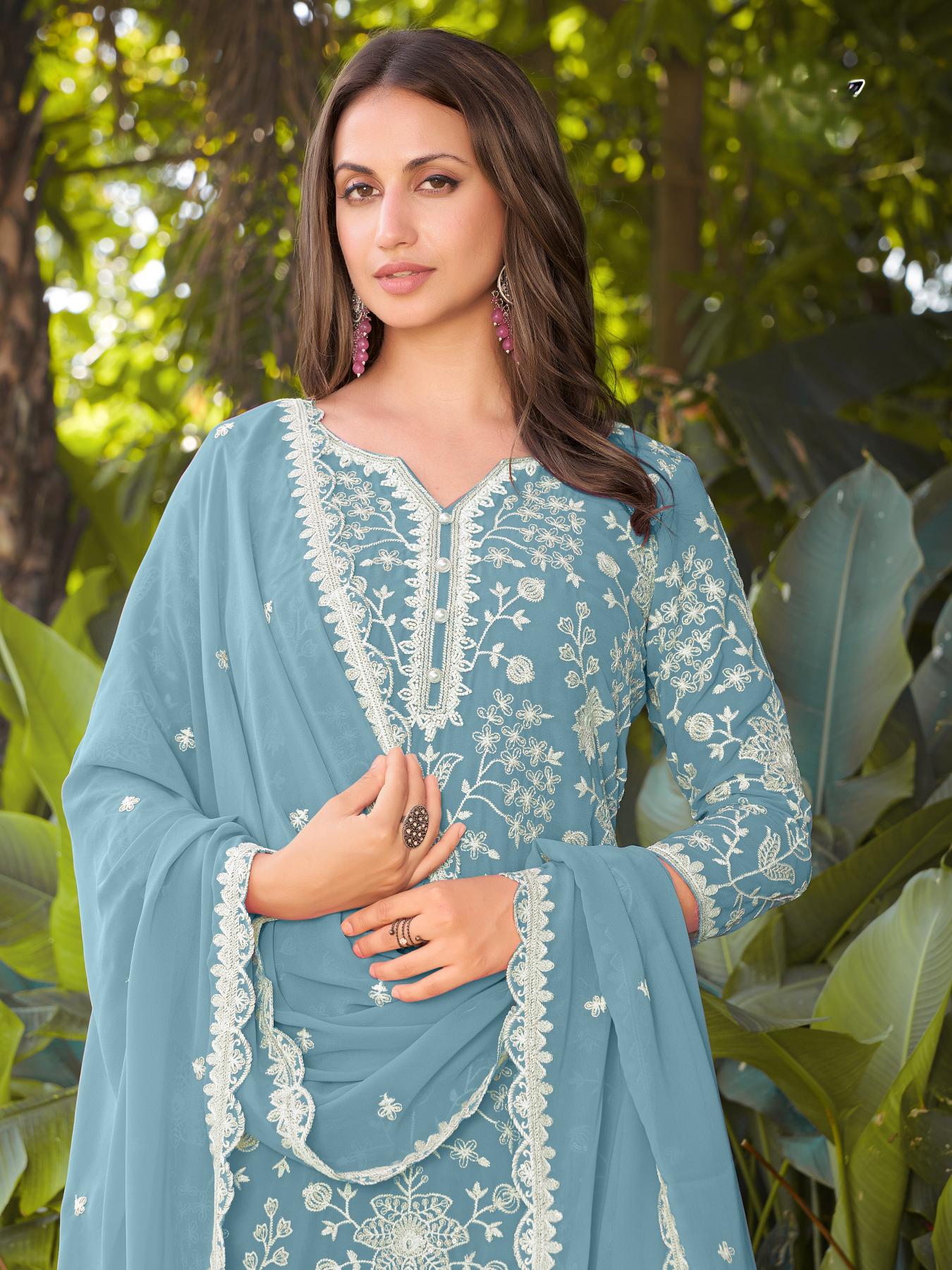 Sky Blue Embroidered Georgette Salwar Suit