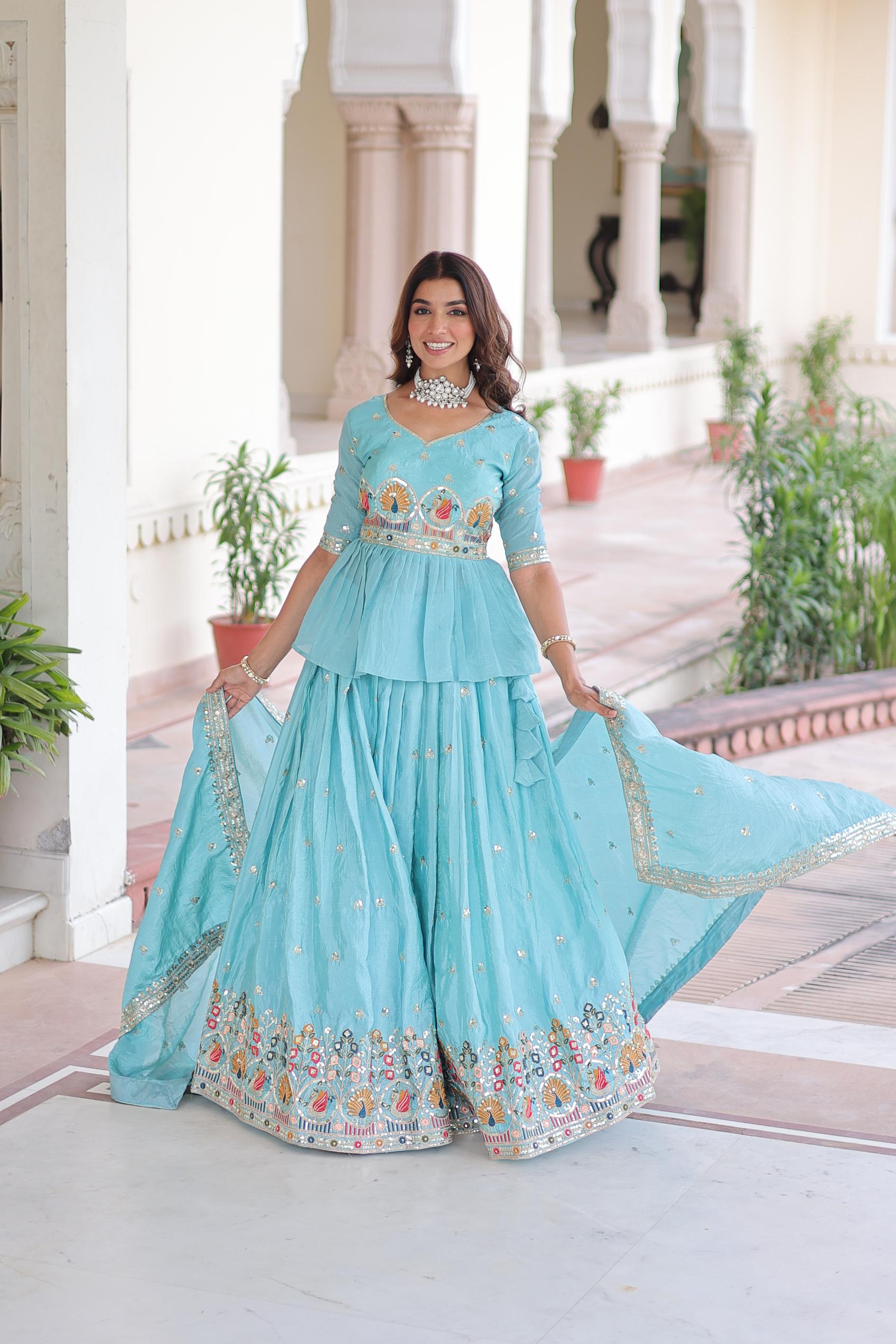 Sky Blue Embroidered Gold Crush Lehenga Choli