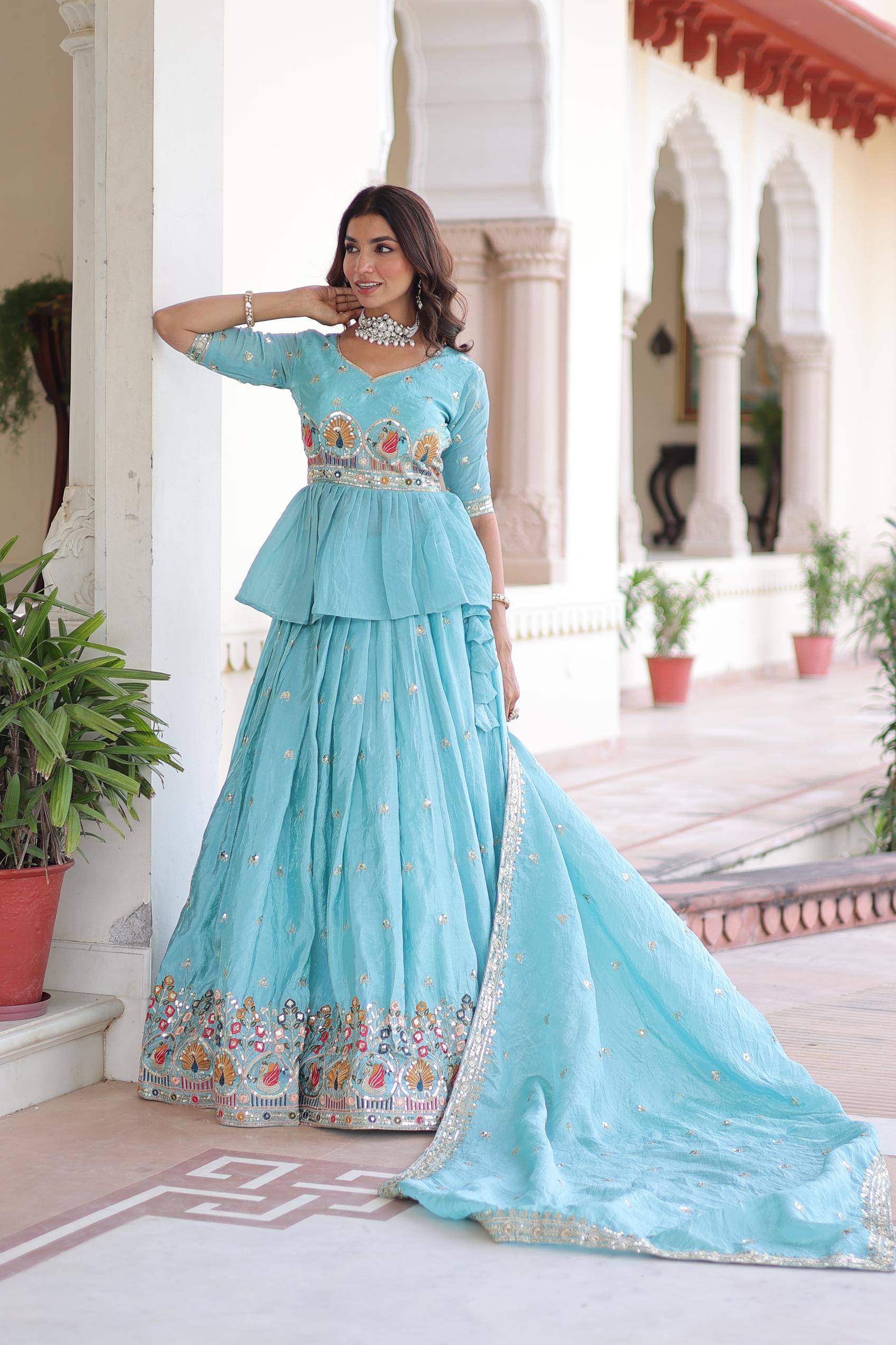 Sky Blue Embroidered Gold Crush Lehenga Choli — alternate view