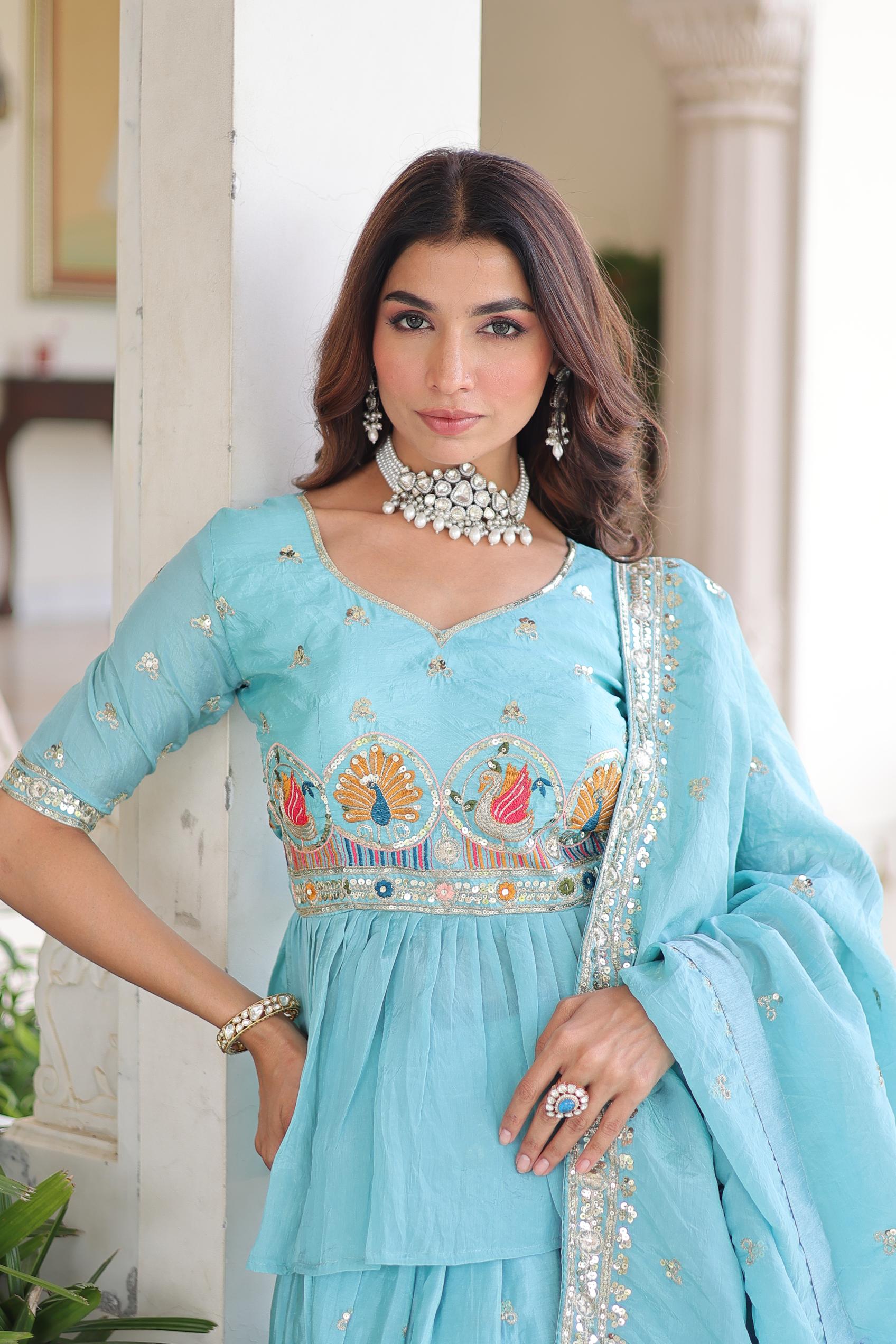 Sky Blue Embroidered Gold Crush Lehenga Choli