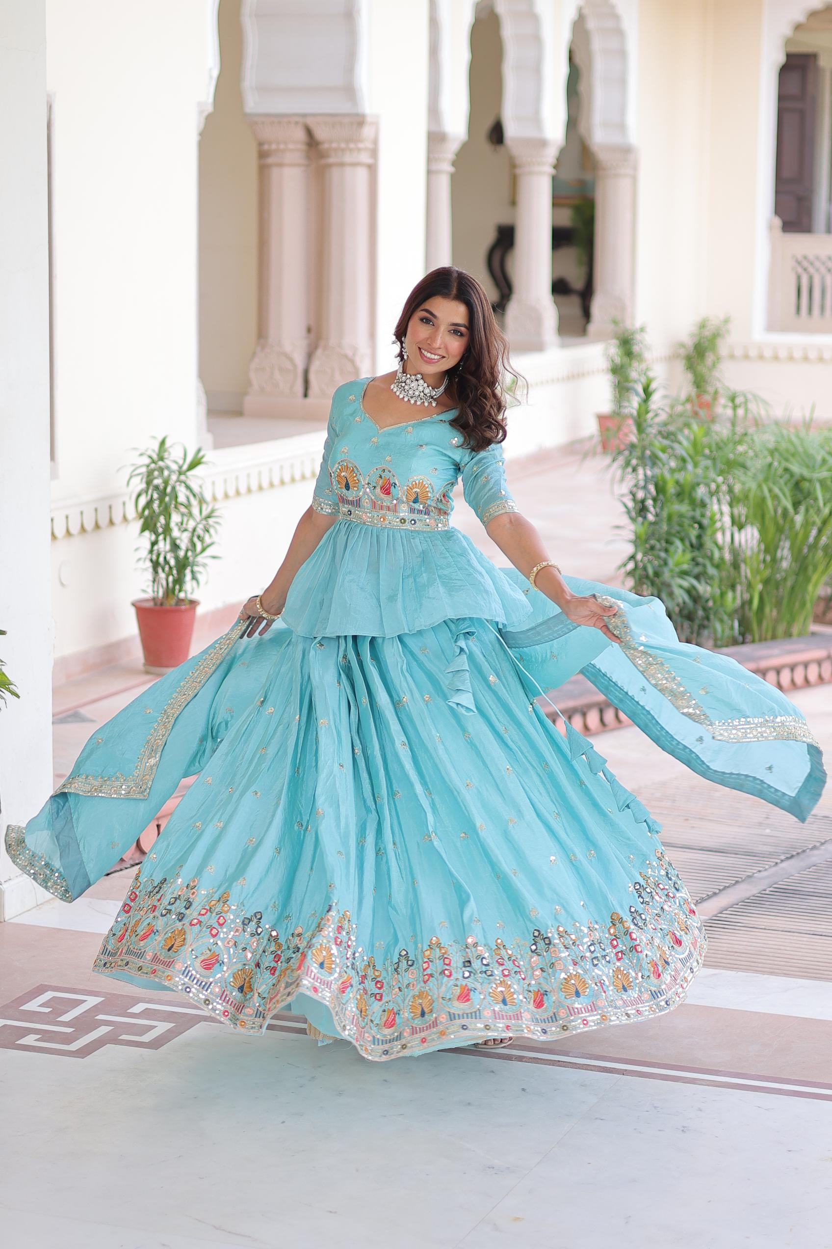 Sky Blue Embroidered Gold Crush Lehenga Choli