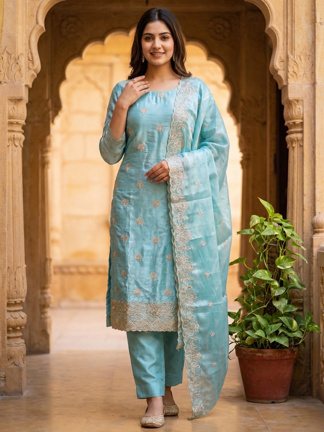 Sky Blue Embroidered Jimmy Chu Straight Salwar Suit