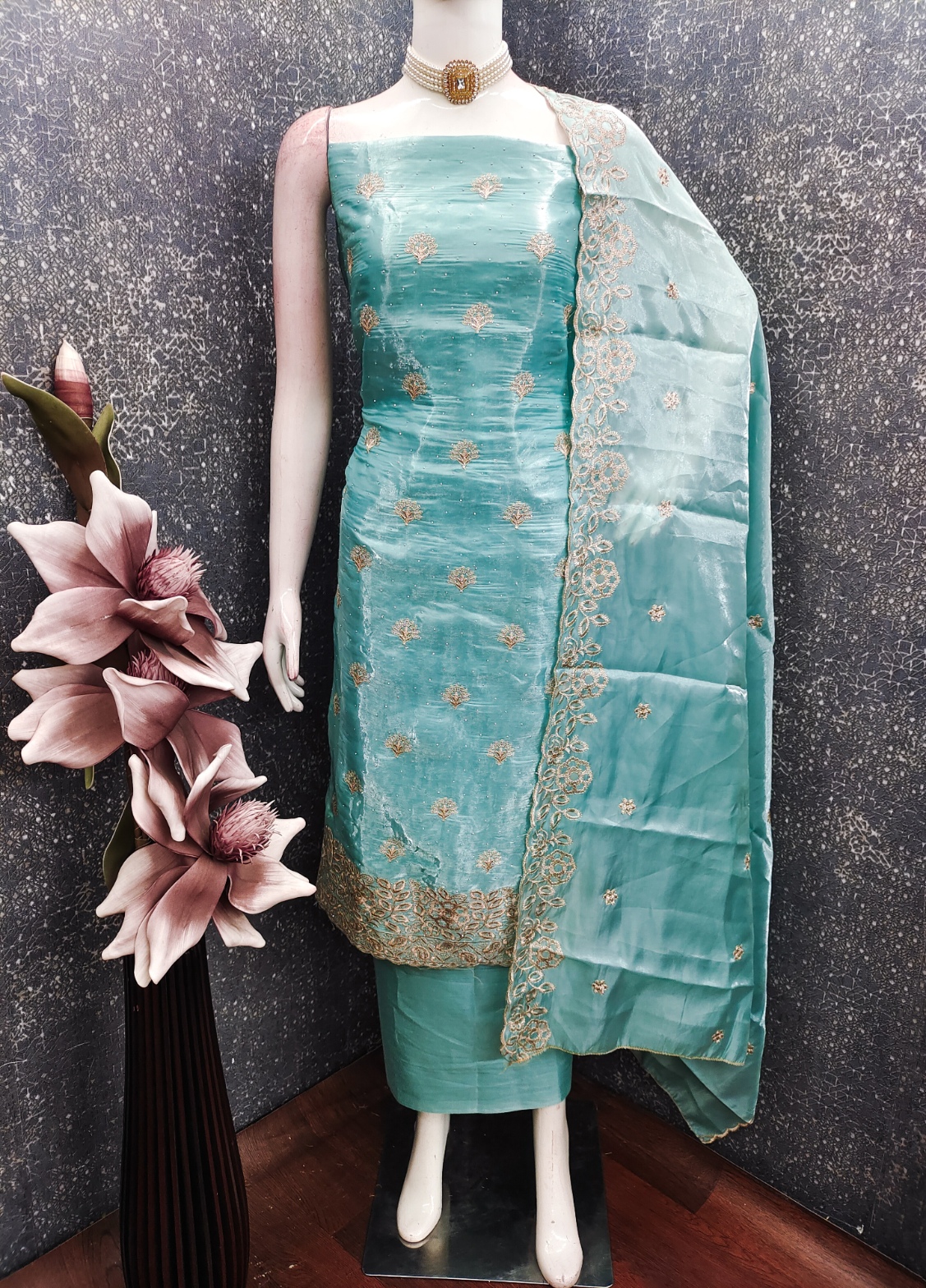 Sky Blue Embroidered Jimmy Chu Straight Salwar Suit — alternate view