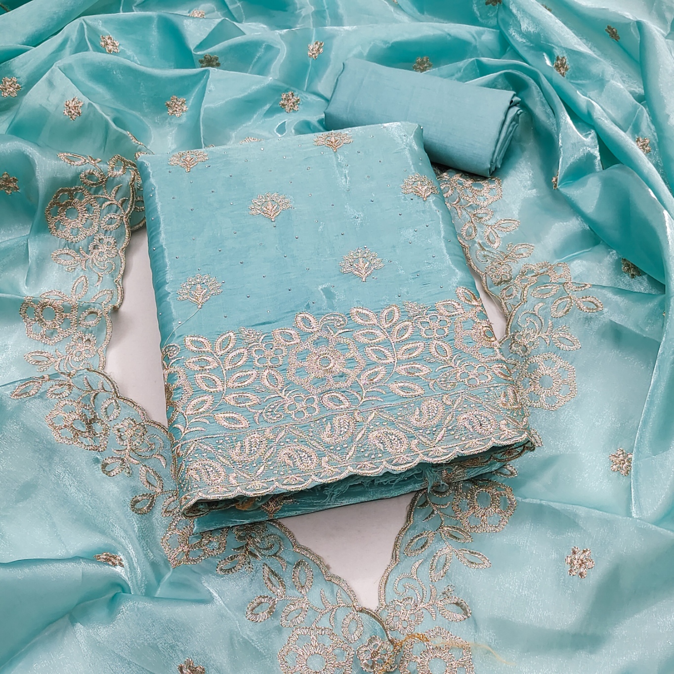 Sky Blue Embroidered Jimmy Chu Straight Salwar Suit