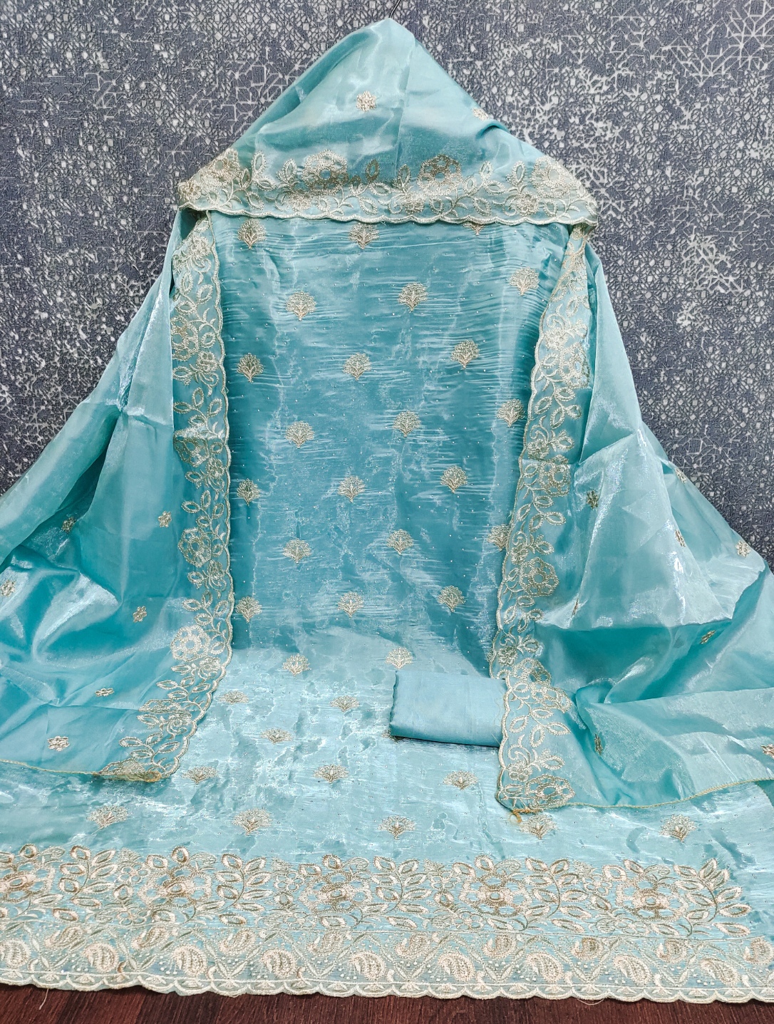 Sky Blue Embroidered Jimmy Chu Straight Salwar Suit
