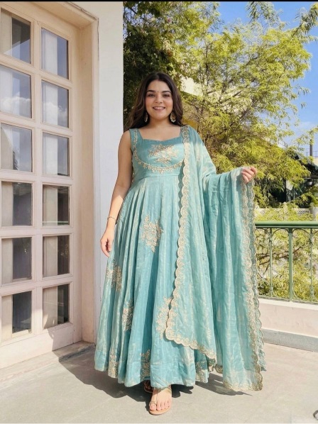 Sky Blue Embroidered Pure Fendy Silk Anarkali Suit