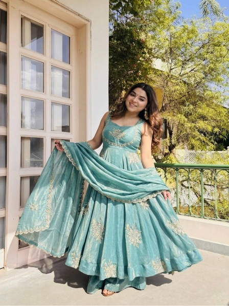 Sky Blue Embroidered Pure Fendy Silk Anarkali Suit — alternate view