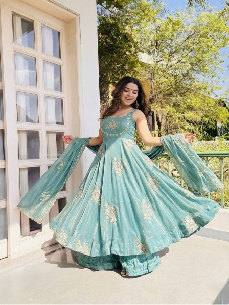 Sky Blue Embroidered Pure Fendy Silk Anarkali Suit