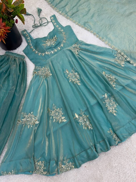 Sky Blue Embroidered Pure Fendy Silk Anarkali Suit