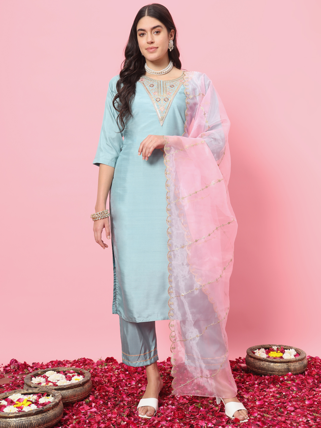 Sky Blue Embroidered Silk Blend Readymade Suit
