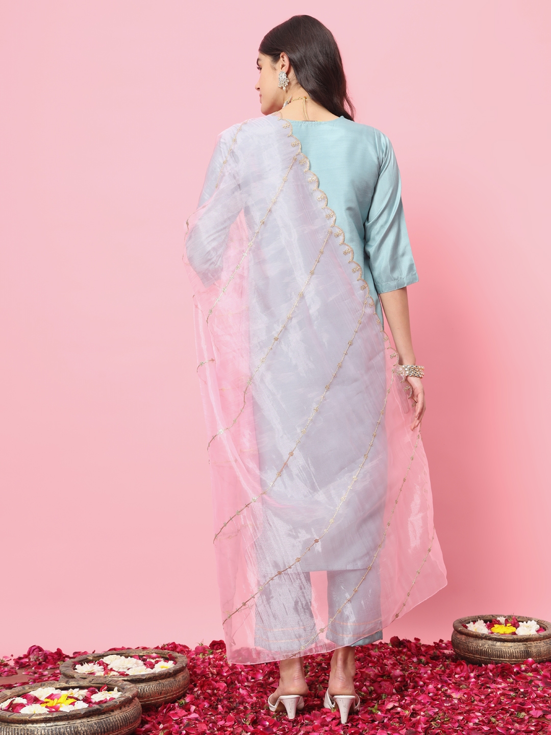 Sky Blue Embroidered Silk Blend Readymade Suit — alternate view