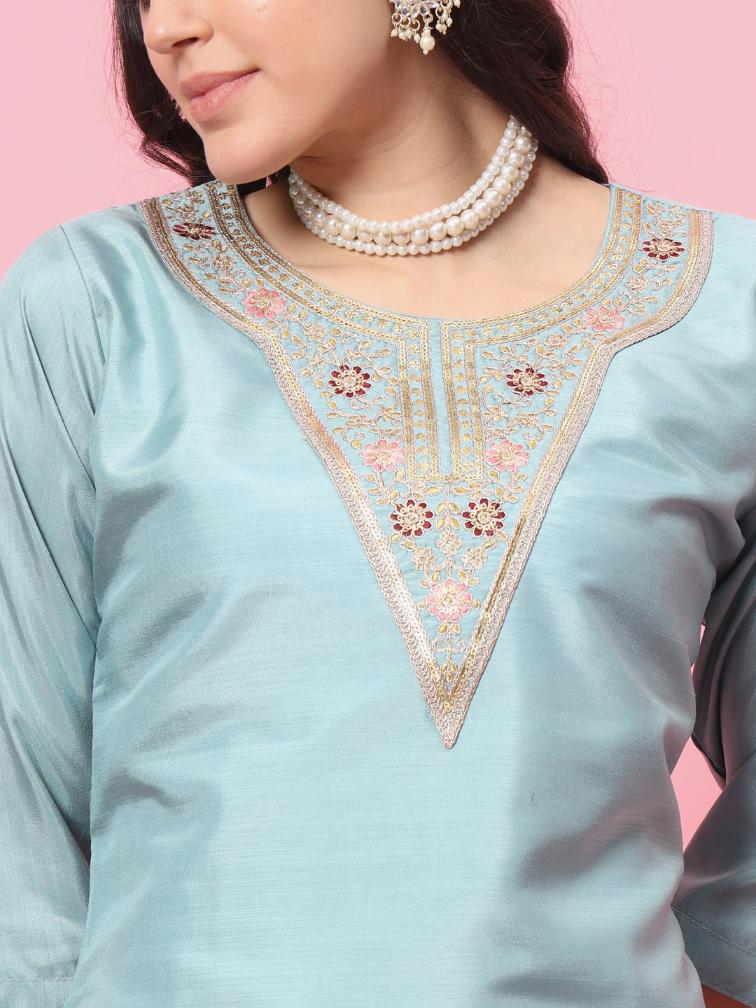 Sky Blue Embroidered Silk Blend Readymade Suit