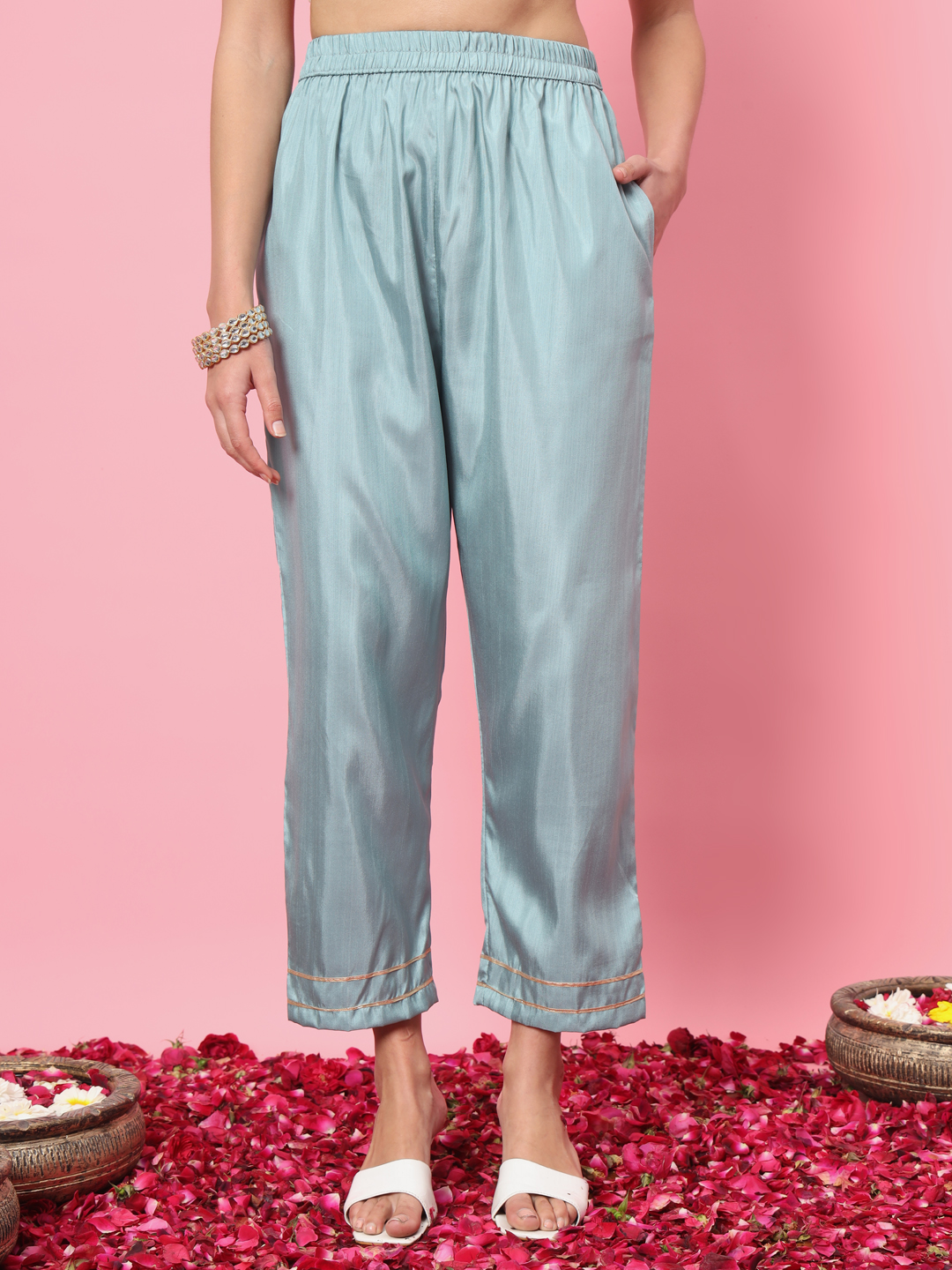 Sky Blue Embroidered Silk Blend Readymade Suit