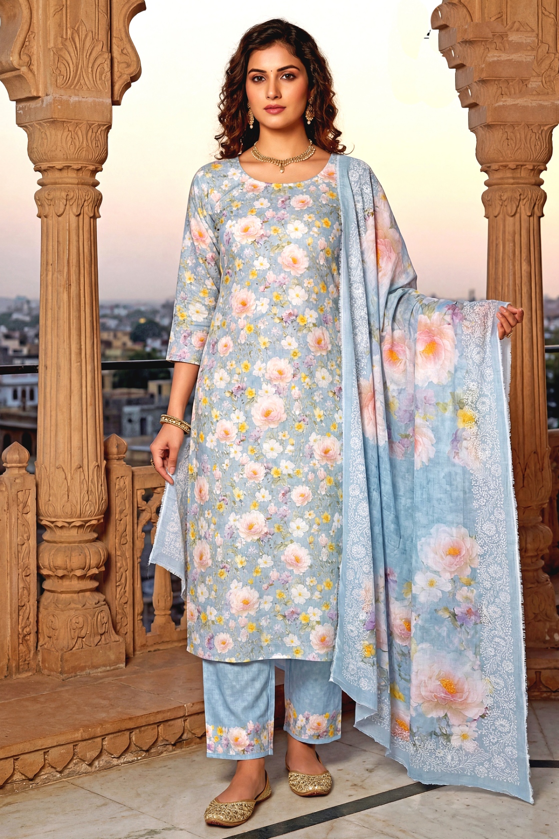 Sky Blue Ethnic Motif Digital Cambric Anarkali Salwar Suit