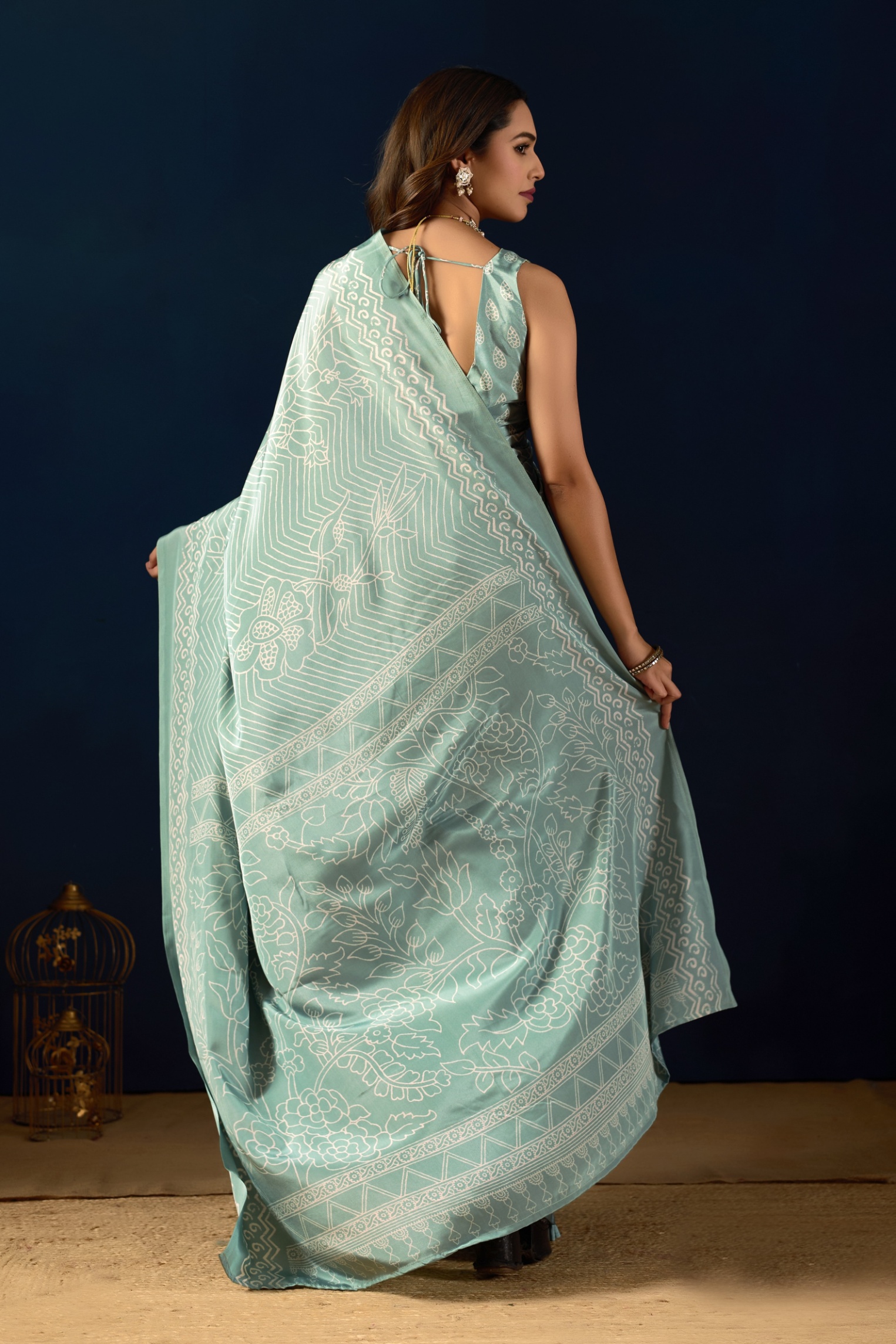 Sky Blue Ethnic Printed Silk Crepe Ready To Wear Saree — alternate view