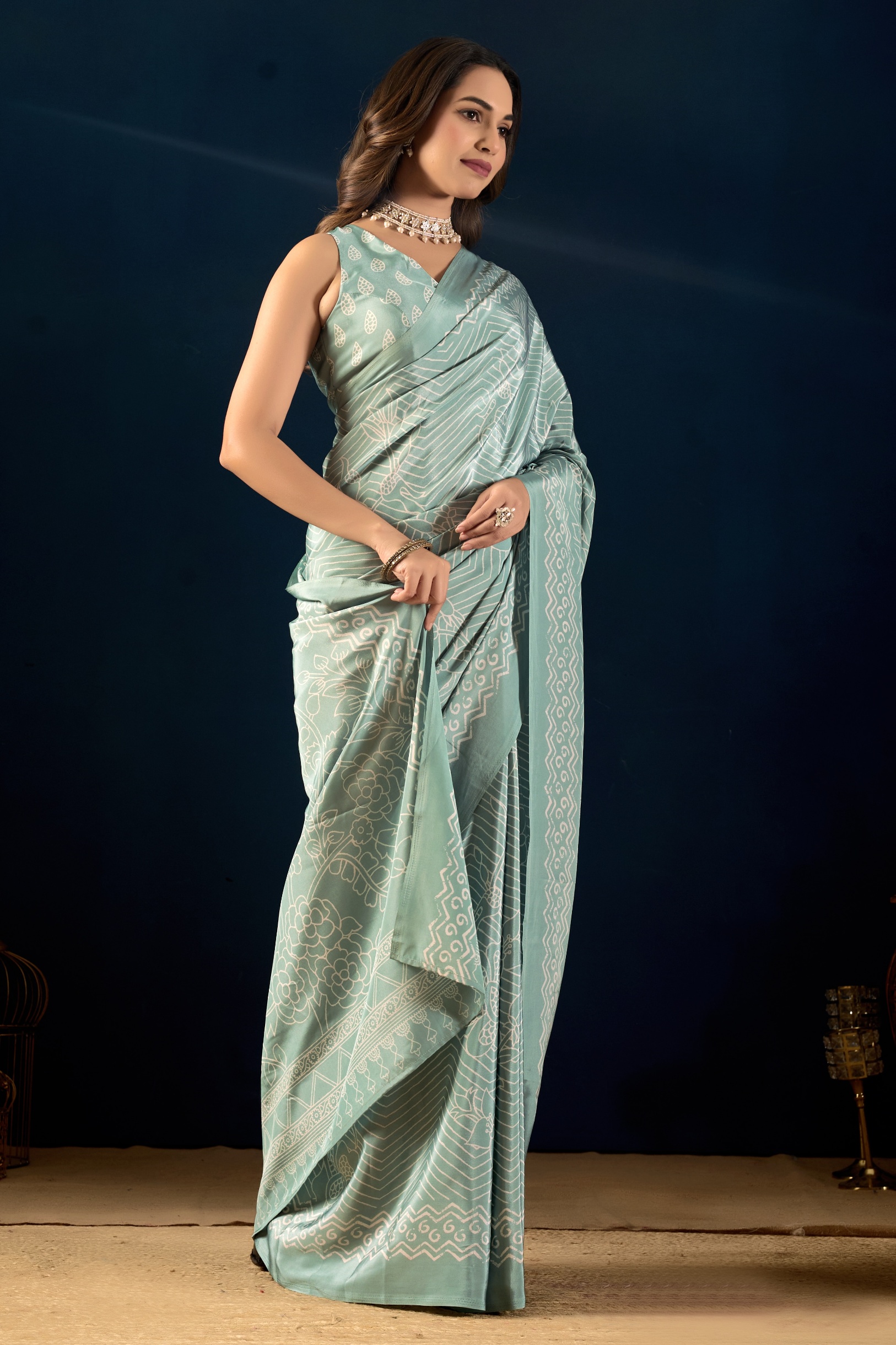 Sky Blue Ethnic Printed Silk Crepe Ready To Wear Saree