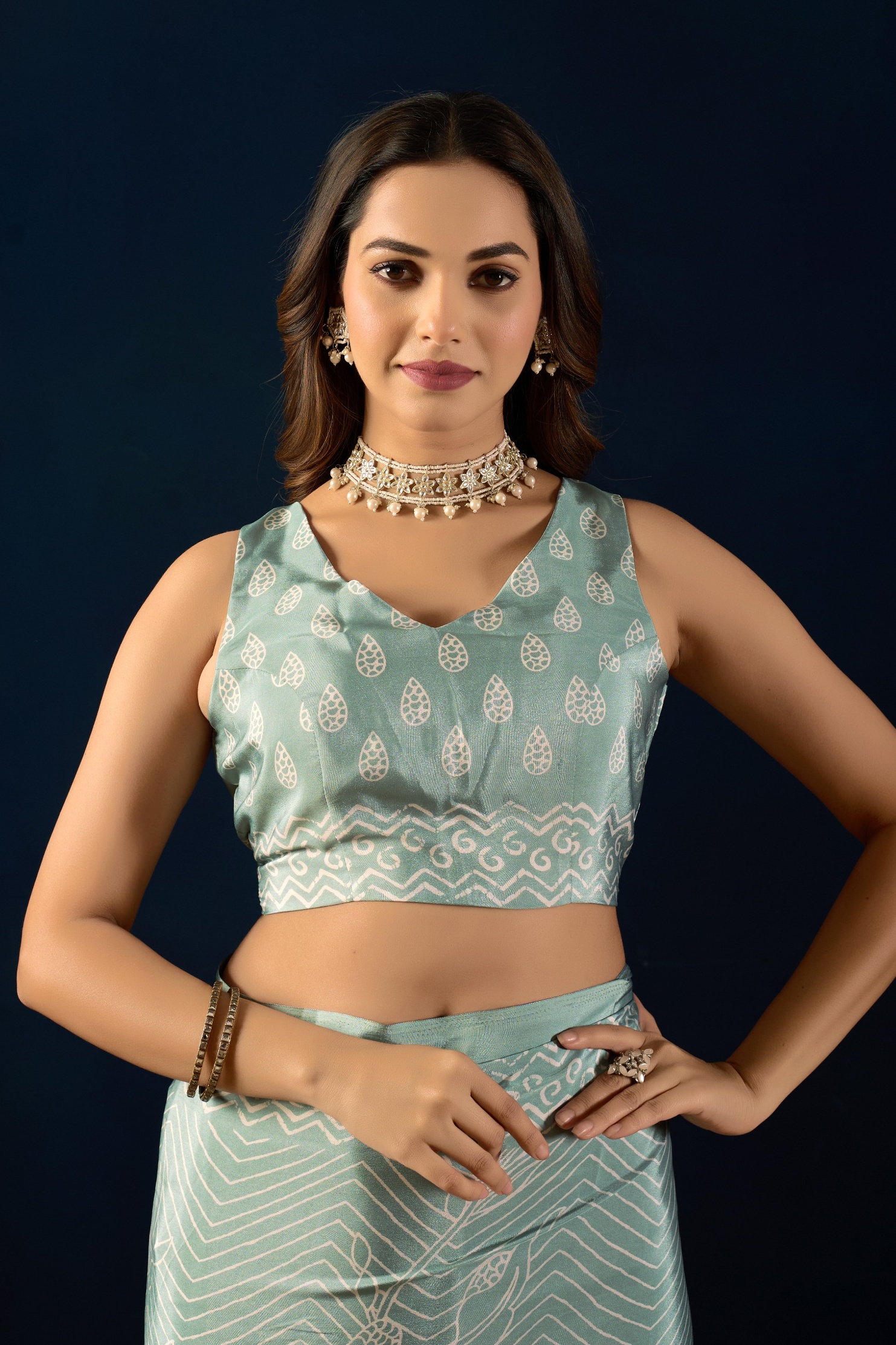 Sky Blue Ethnic Printed Silk Crepe Ready To Wear Saree