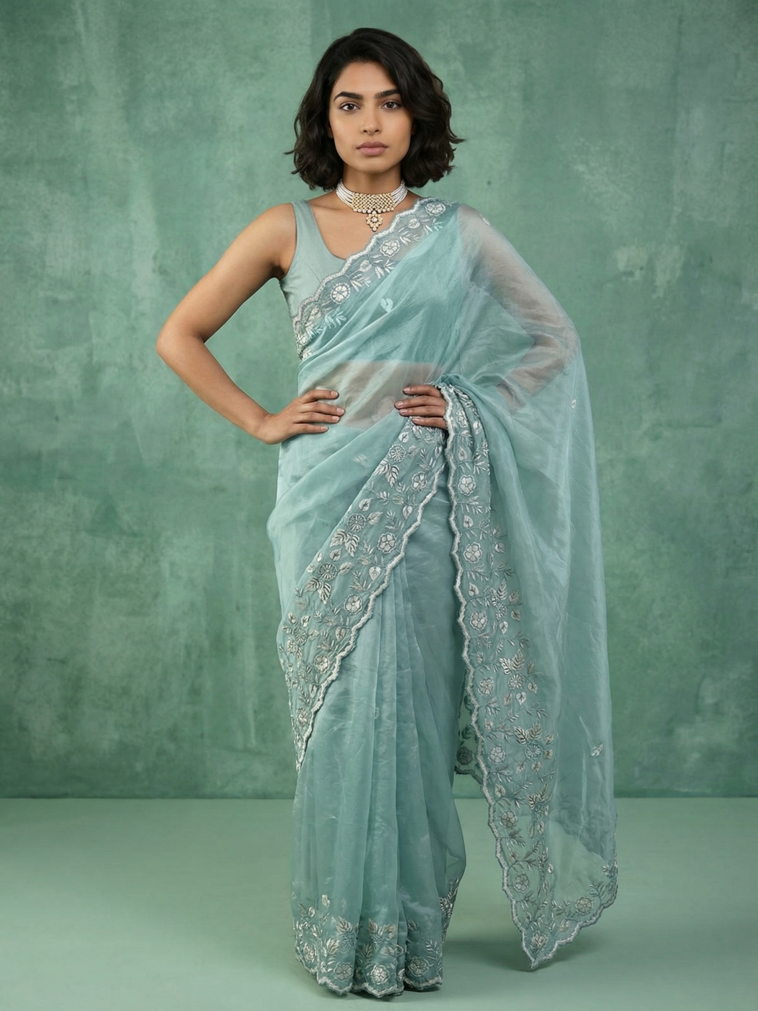 Sky Blue Floral Chanda Silk Saree