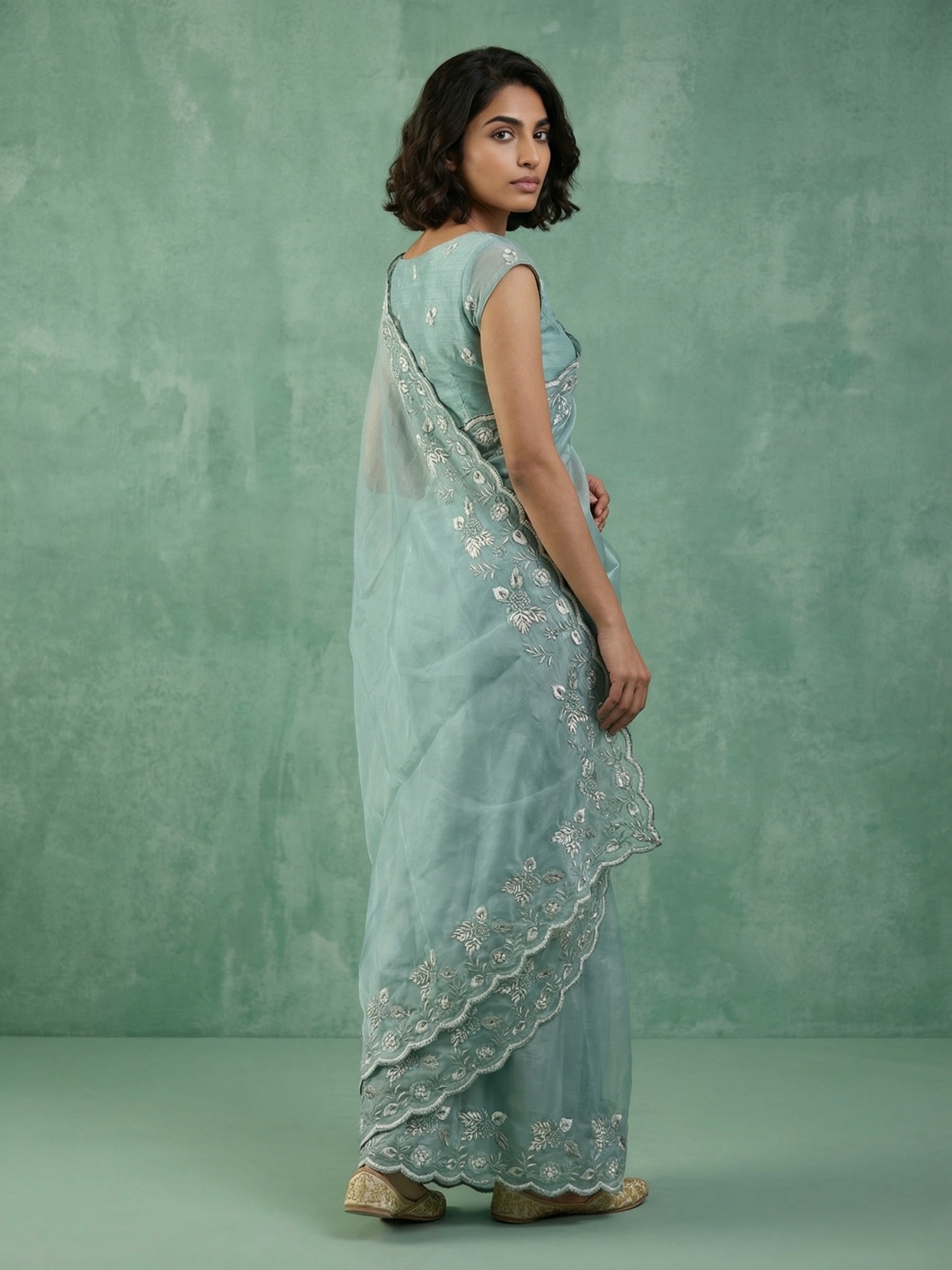 Sky Blue Floral Chanda Silk Saree — alternate view