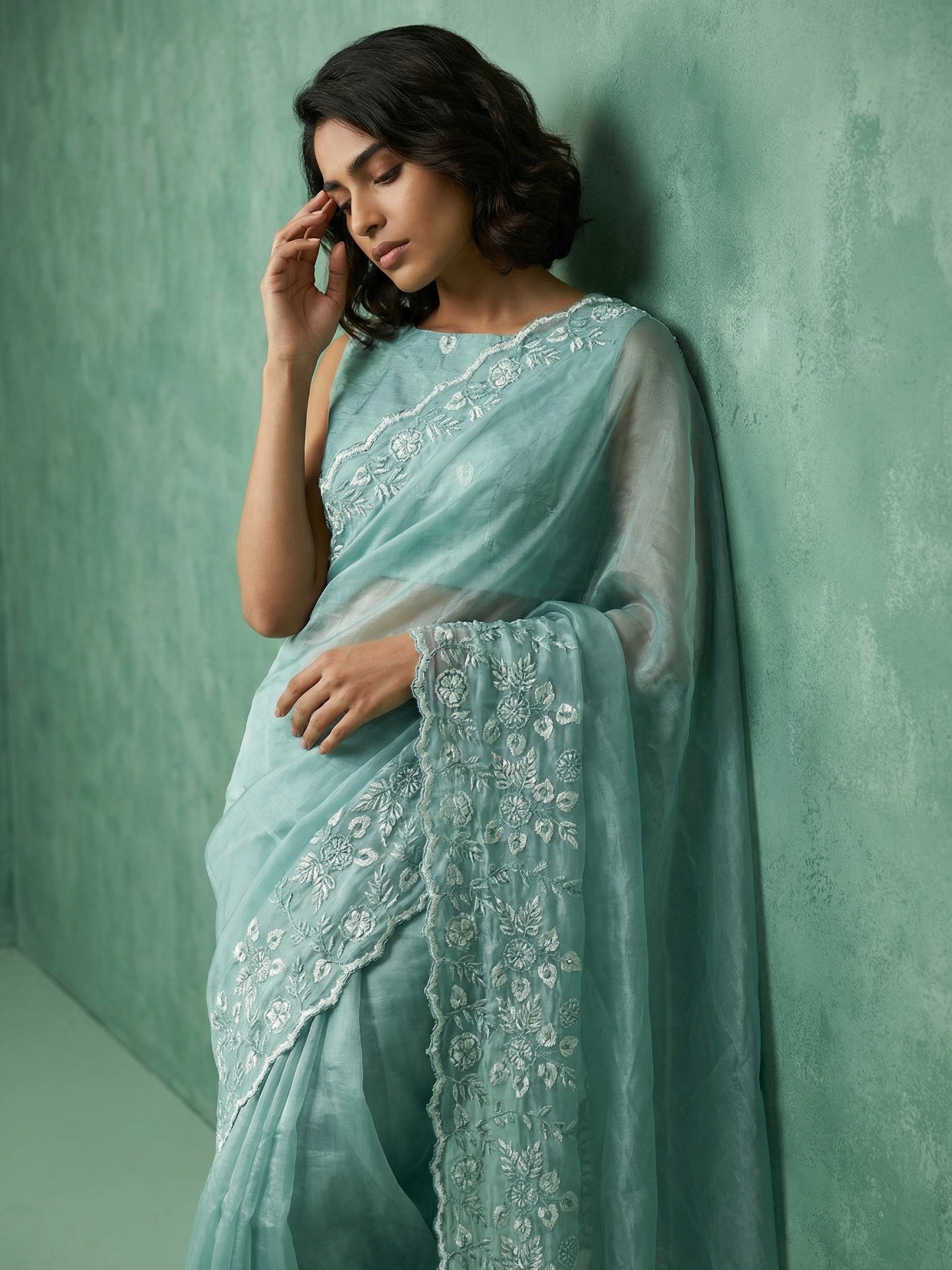 Sky Blue Floral Chanda Silk Saree
