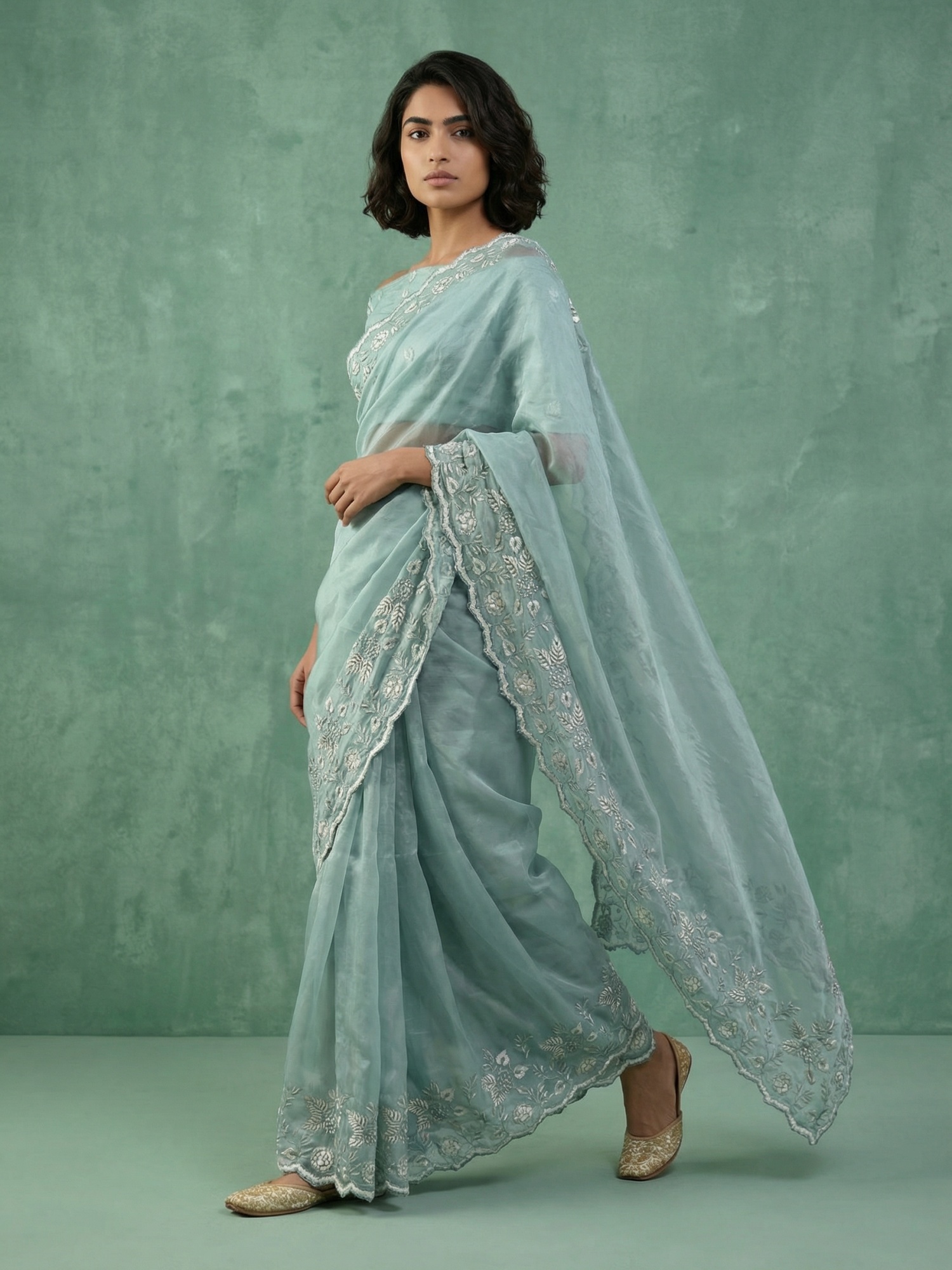 Sky Blue Floral Chanda Silk Saree