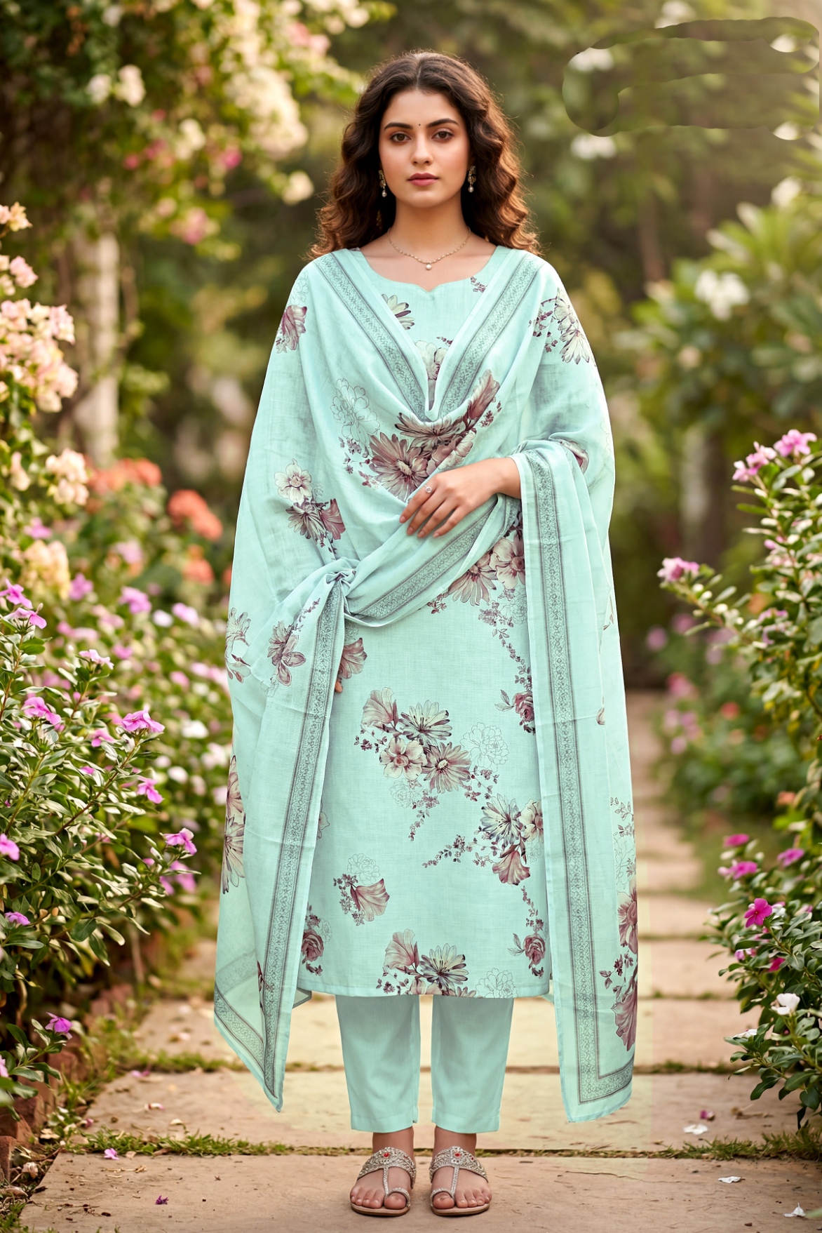 Sky Blue Floral Digital Cambric Straight Salwar Suit
