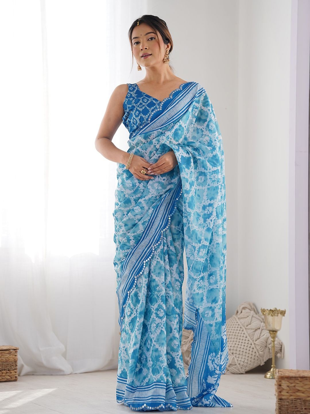 Sky Blue Floral Digital Print Georgette Saree