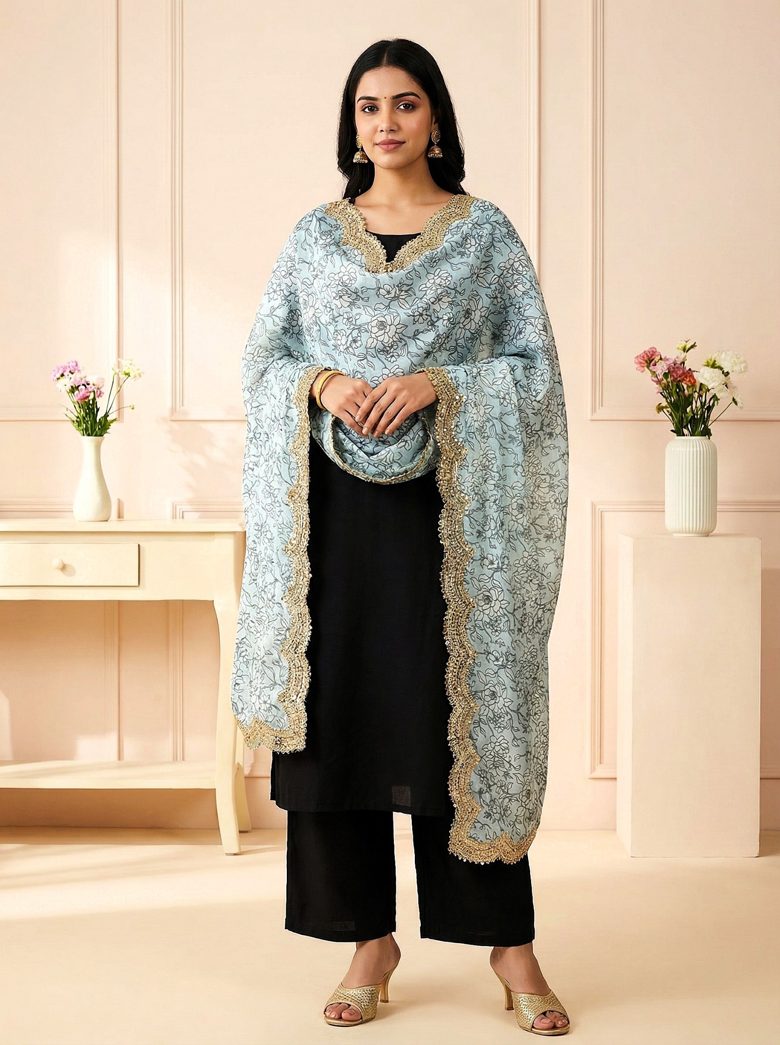 Sky Blue Floral Digital Print Jimmy Choo Dupatta
