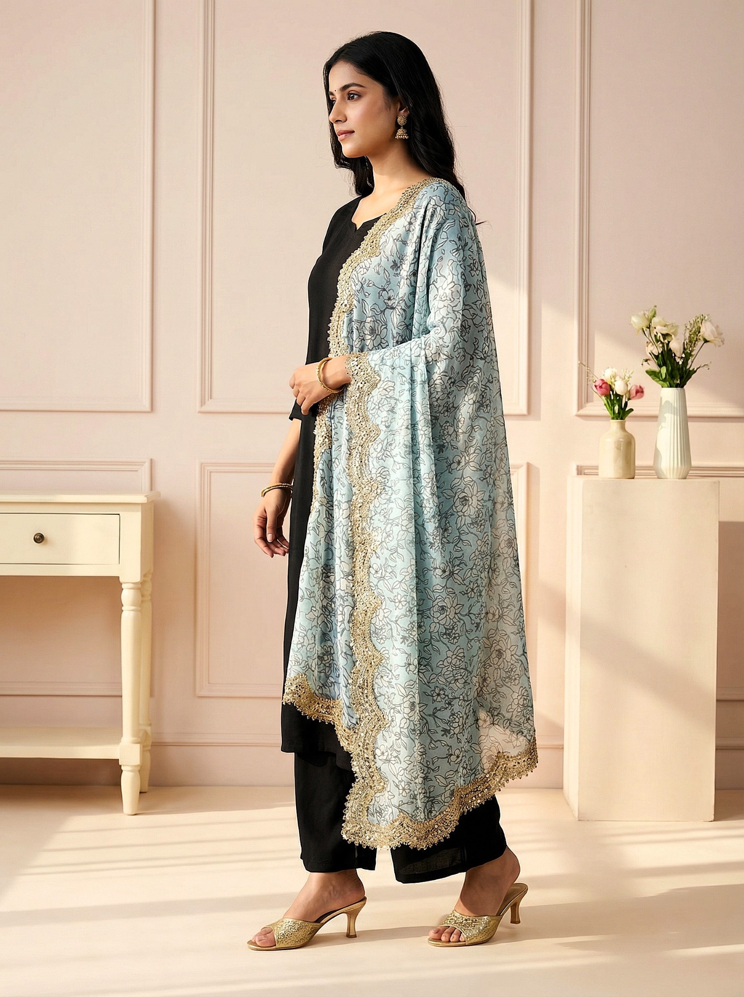 Sky Blue Floral Digital Print Jimmy Choo Dupatta — alternate view