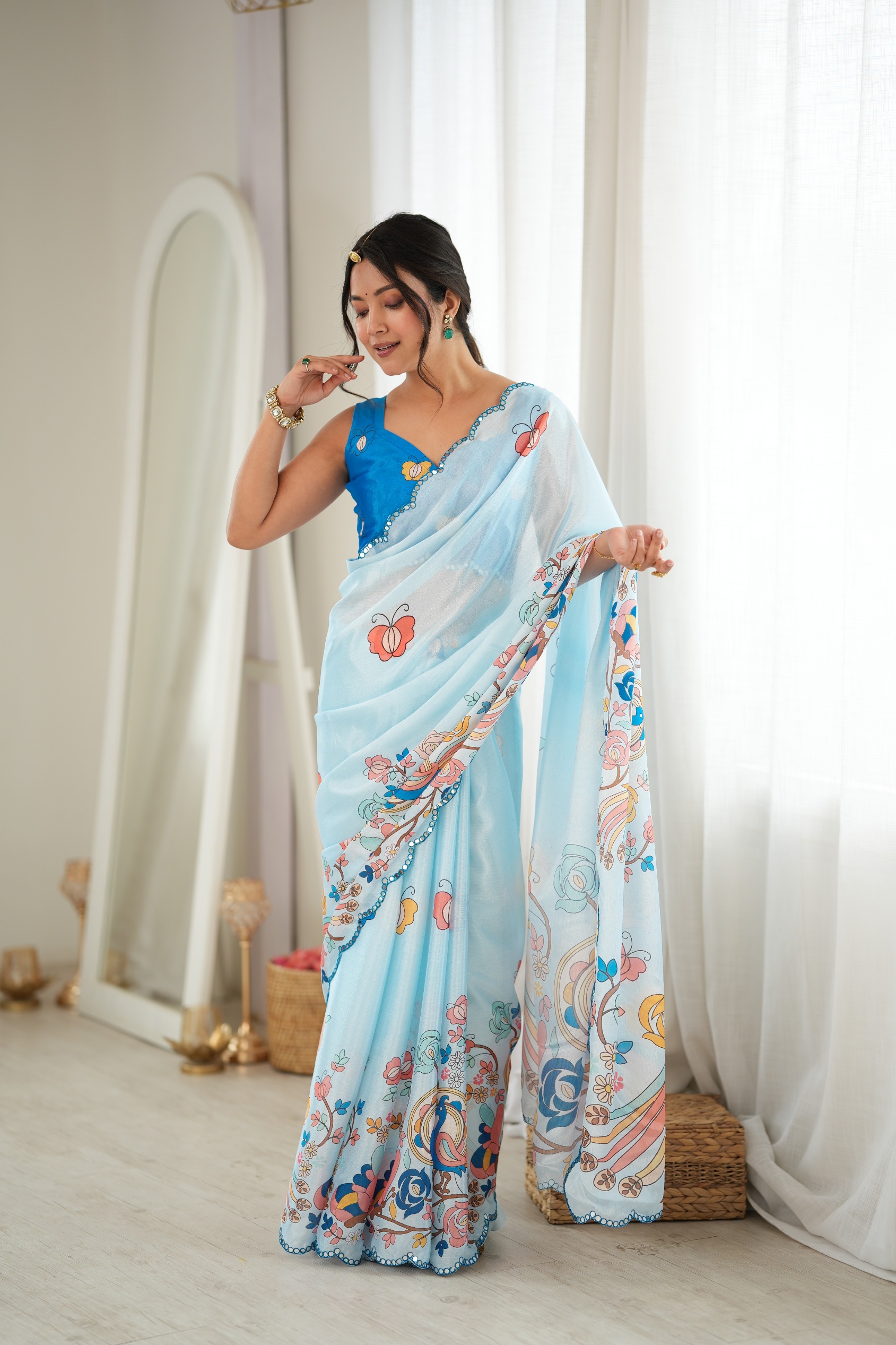 Sky Blue Floral Digital Printed Chinon Saree
