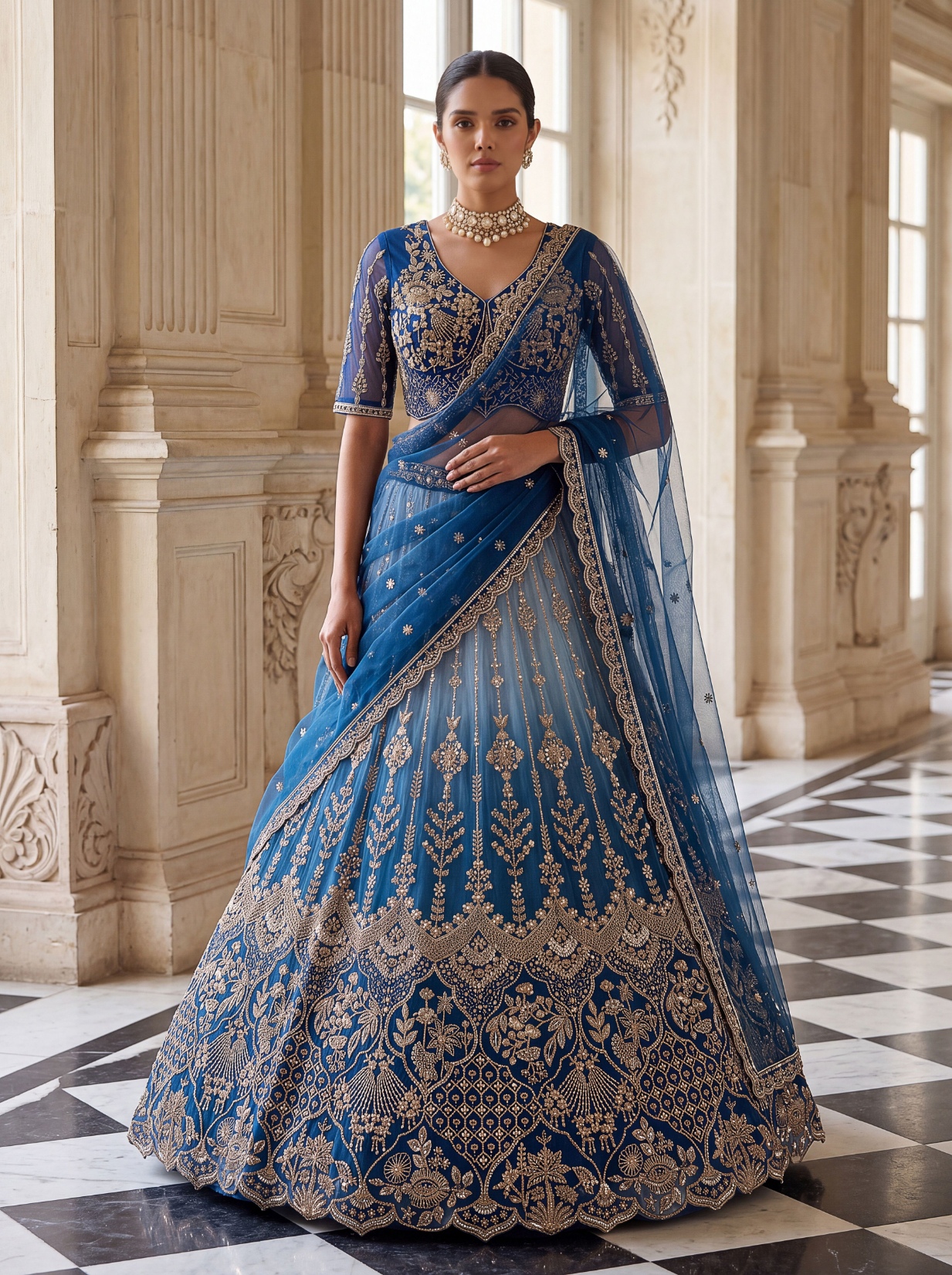 Sky Blue Floral Embroidered Net Lehenga Choli