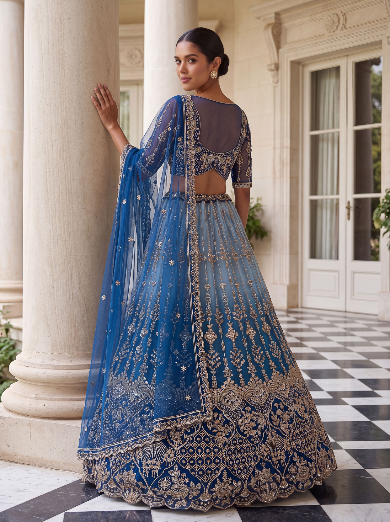 Sky Blue Floral Embroidered Net Lehenga Choli — alternate view