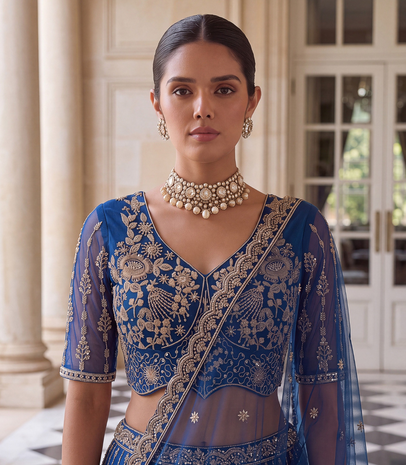 Sky Blue Floral Embroidered Net Lehenga Choli