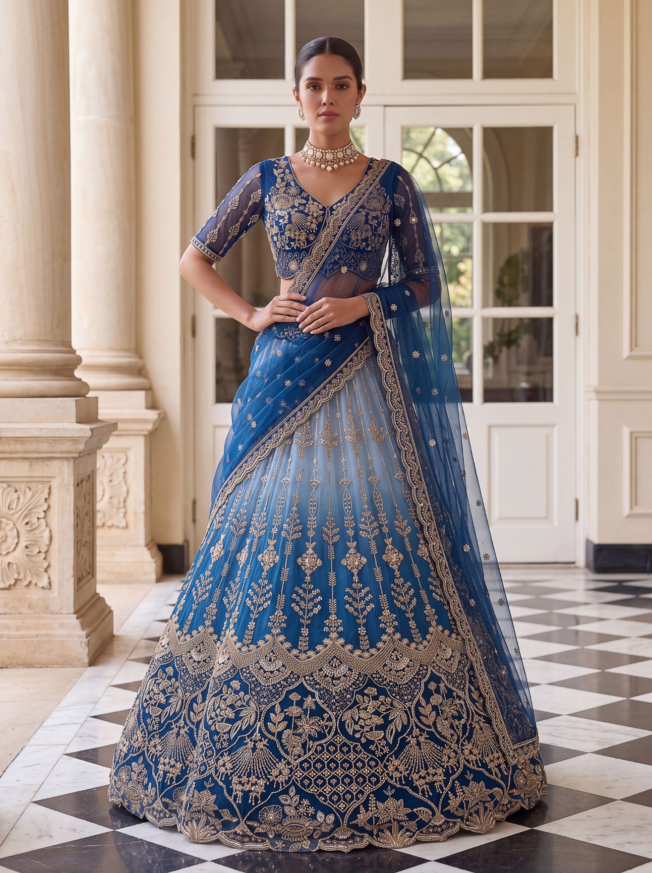 Sky Blue Floral Embroidered Net Lehenga Choli
