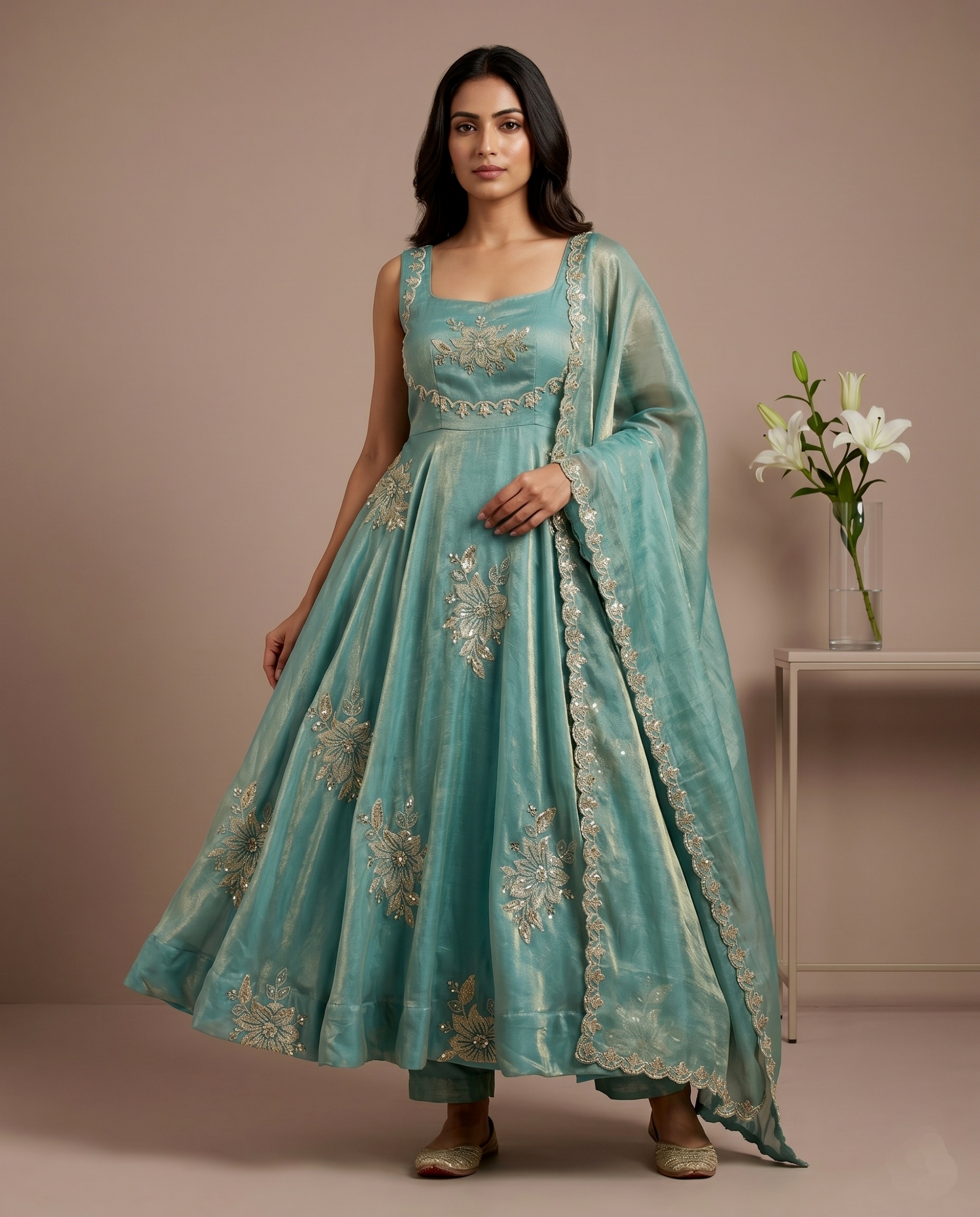 Sky Blue Floral Embroidered Silk Anarkali Suit